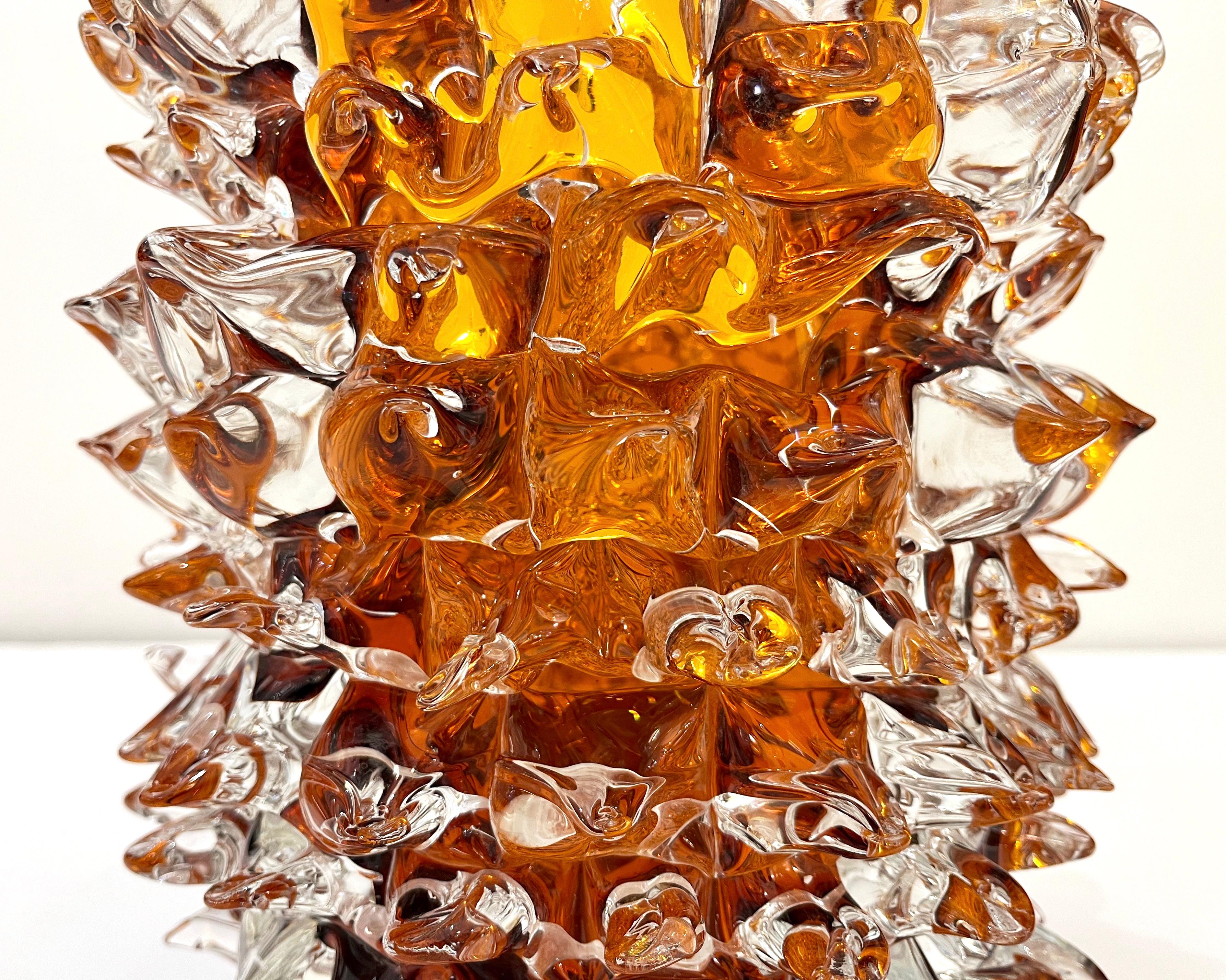 2000s Alberto Dona Italian Amber Gold Crystal Rostrato Murano Glass Modern Vase 4