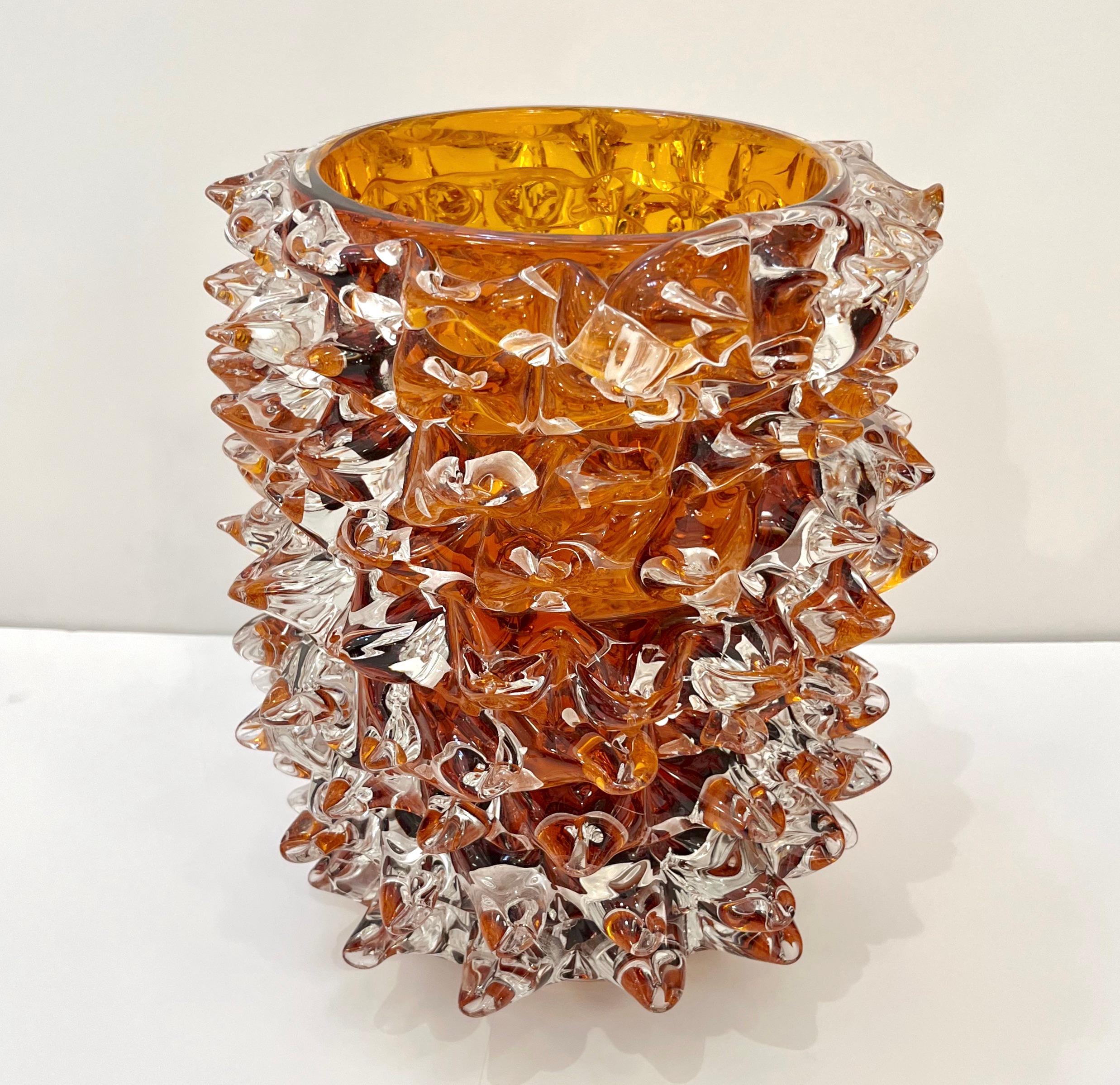 2000s Alberto Dona Italian Amber Gold Crystal Rostrato Murano Glass Modern Vase 6
