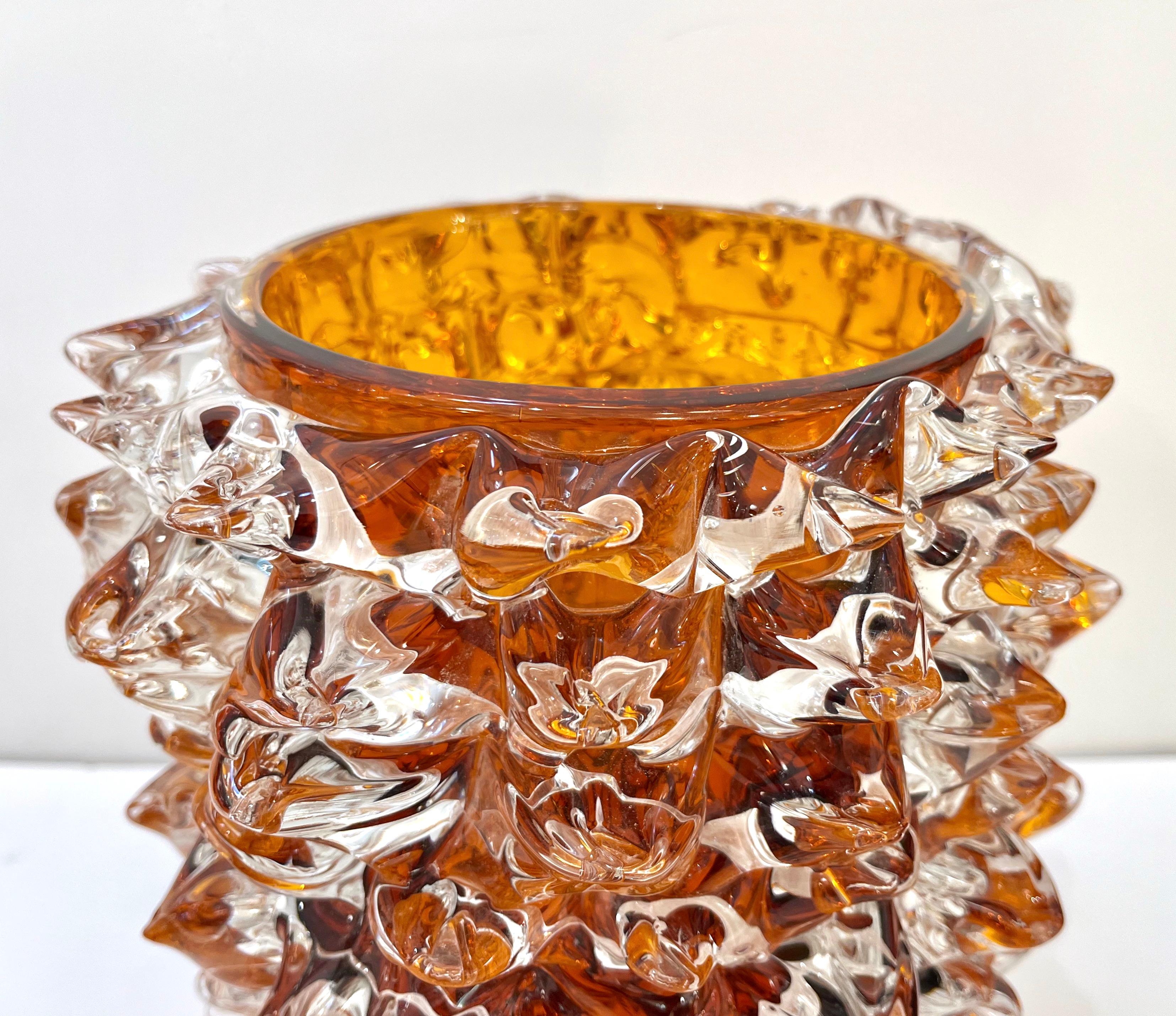2000s Alberto Dona Italian Amber Gold Crystal Rostrato Murano Glass Modern Vase 7