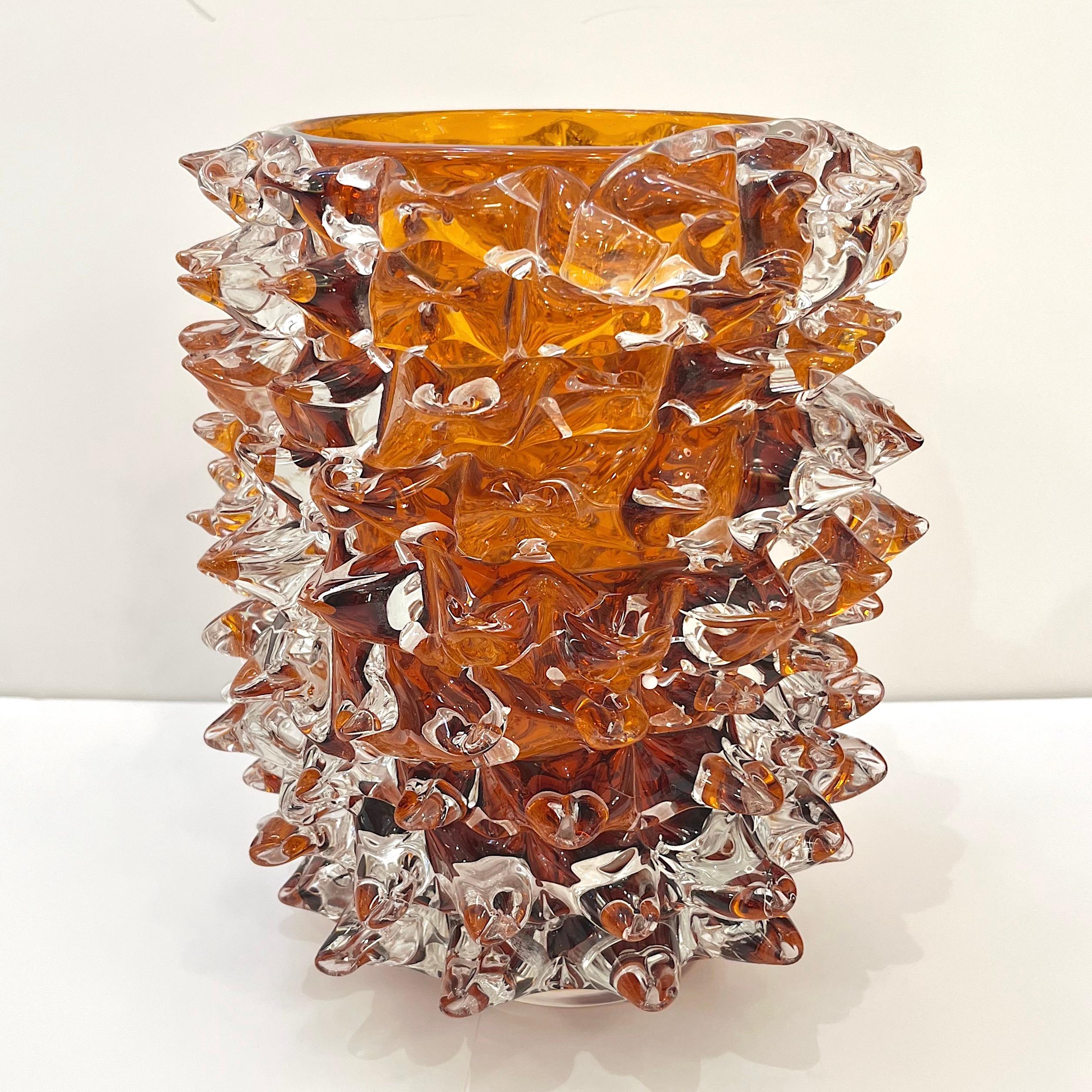 2000s Alberto Dona Italian Amber Gold Crystal Rostrato Murano Glass Modern Vase 8