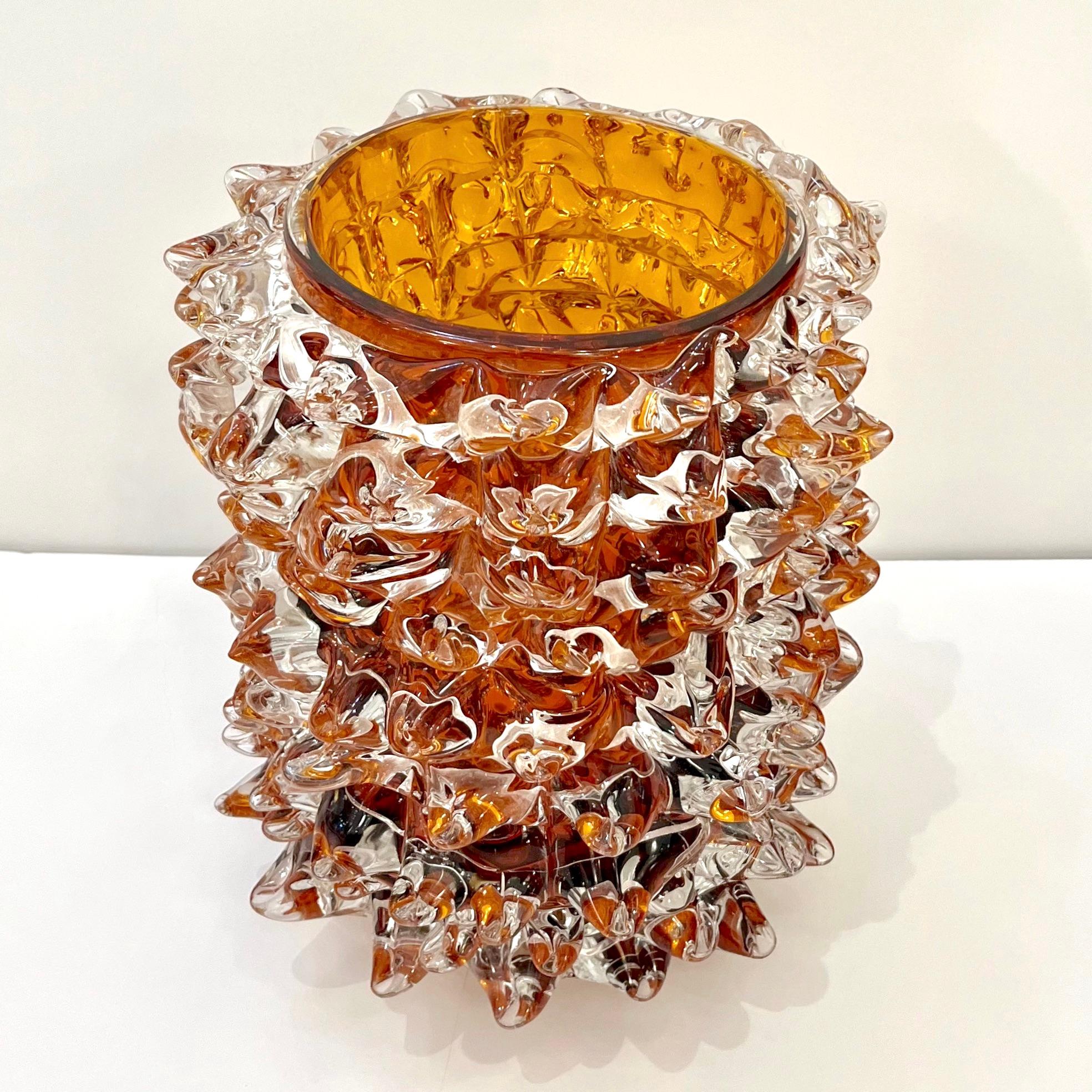 Post-Modern 2000s Alberto Dona Italian Amber Gold Crystal Rostrato Murano Glass Modern Vase