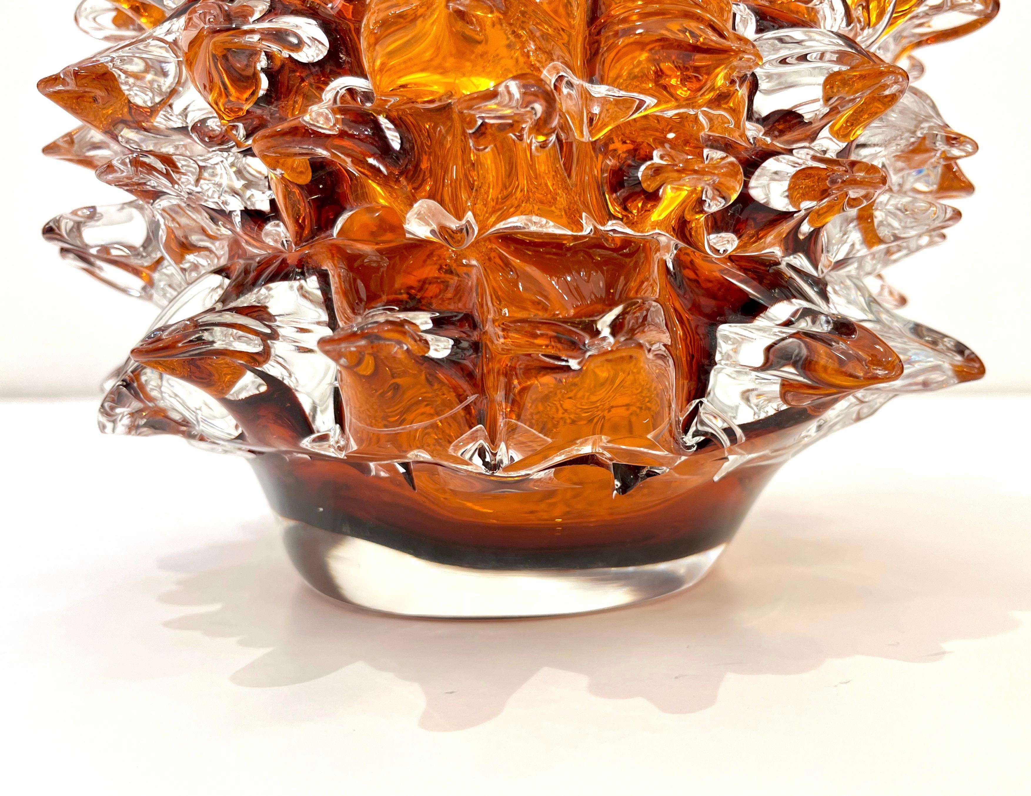 Art Glass 2000s Alberto Dona Italian Amber Gold Crystal Rostrato Murano Glass Modern Vase