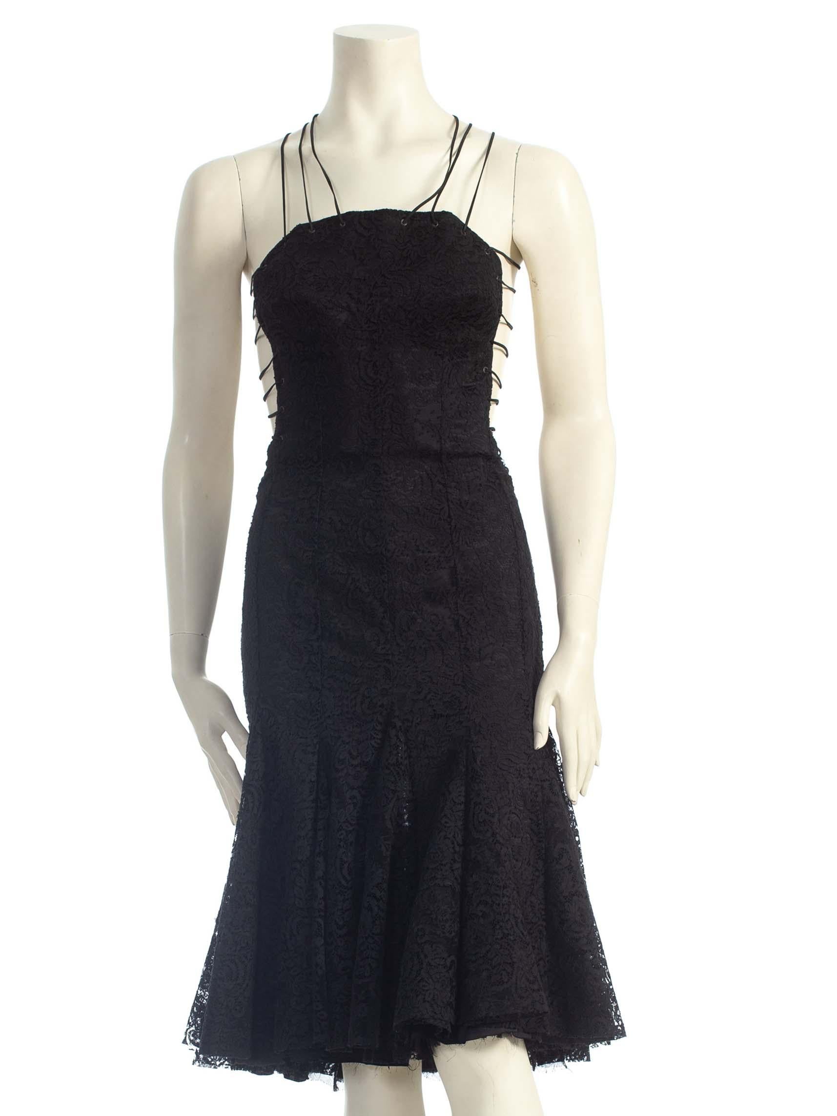 2000S ALEXANDER MCQUEEN Black Backless Rayon & Silk Lace Cocktail Dress With Shredded Hem