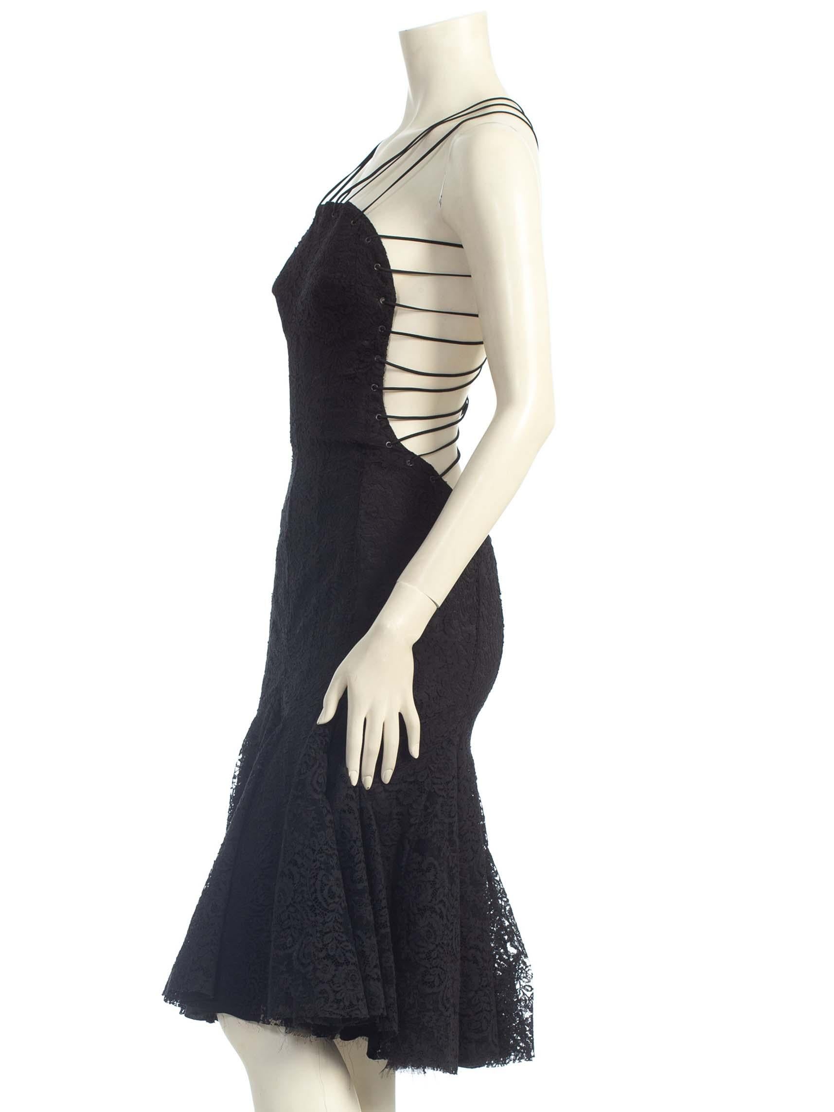 2000S ALEXANDER MCQUEEN Black Backless Rayon & Silk Lace Cocktail Dress With Sh For Sale 1