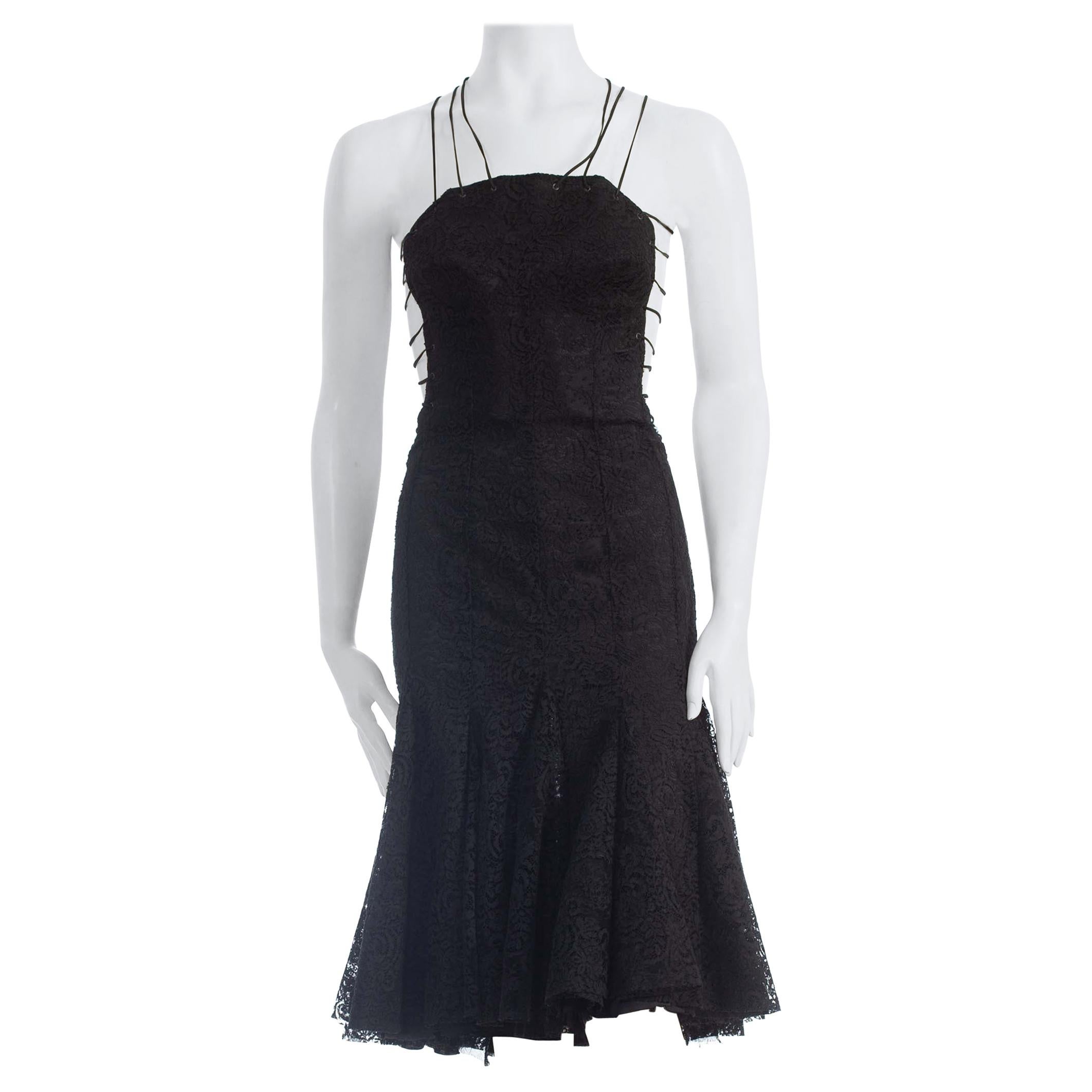 2000S ALEXANDER MCQUEEN Black Backless Rayon & Silk Lace Cocktail Dress With Sh For Sale