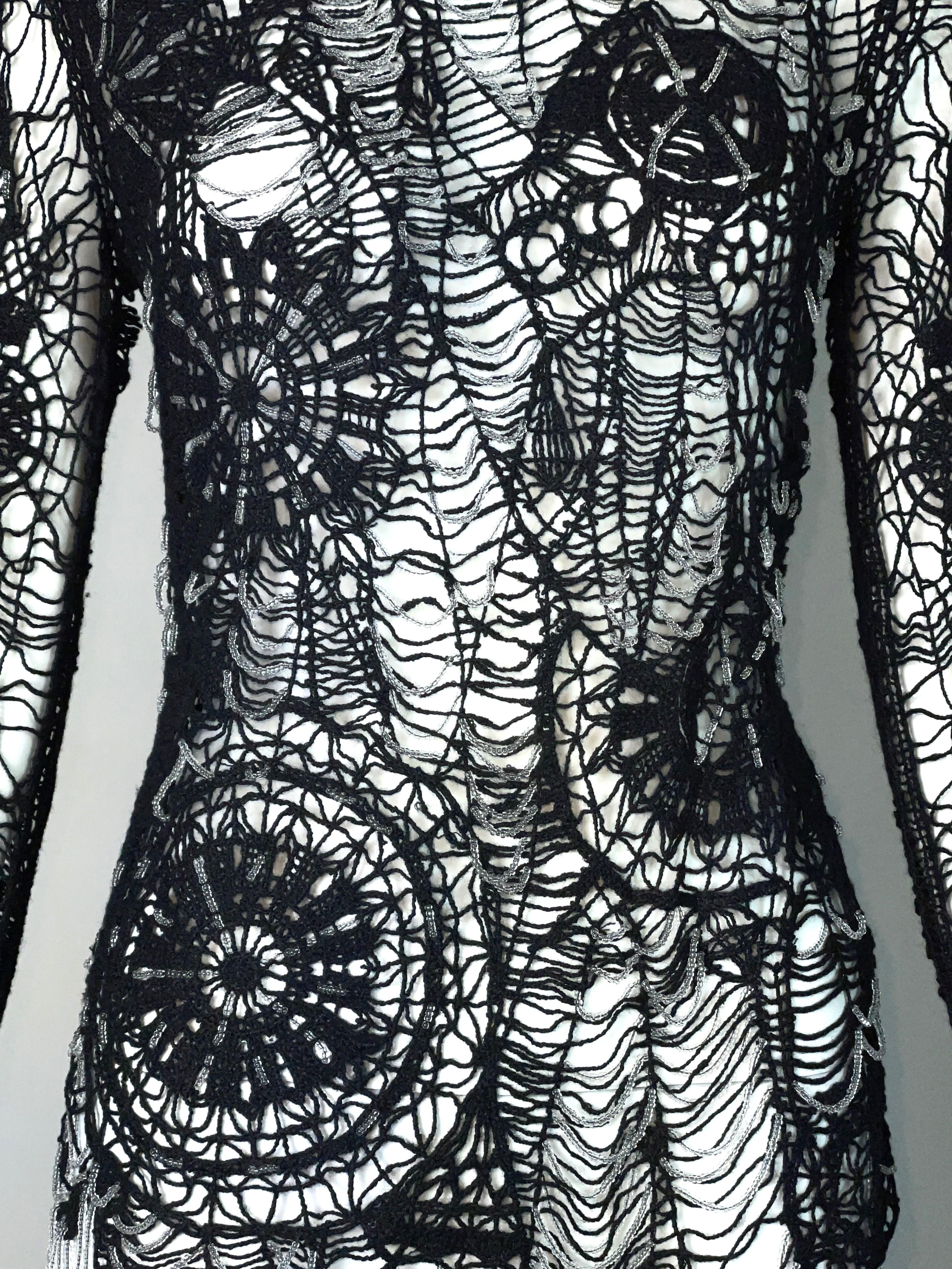 2000's Alexander McQueen Black Sheer Knit Spiderweb Beaded 2000's Alexander McQueen Black Sheer Knit Spiderweb Beaded