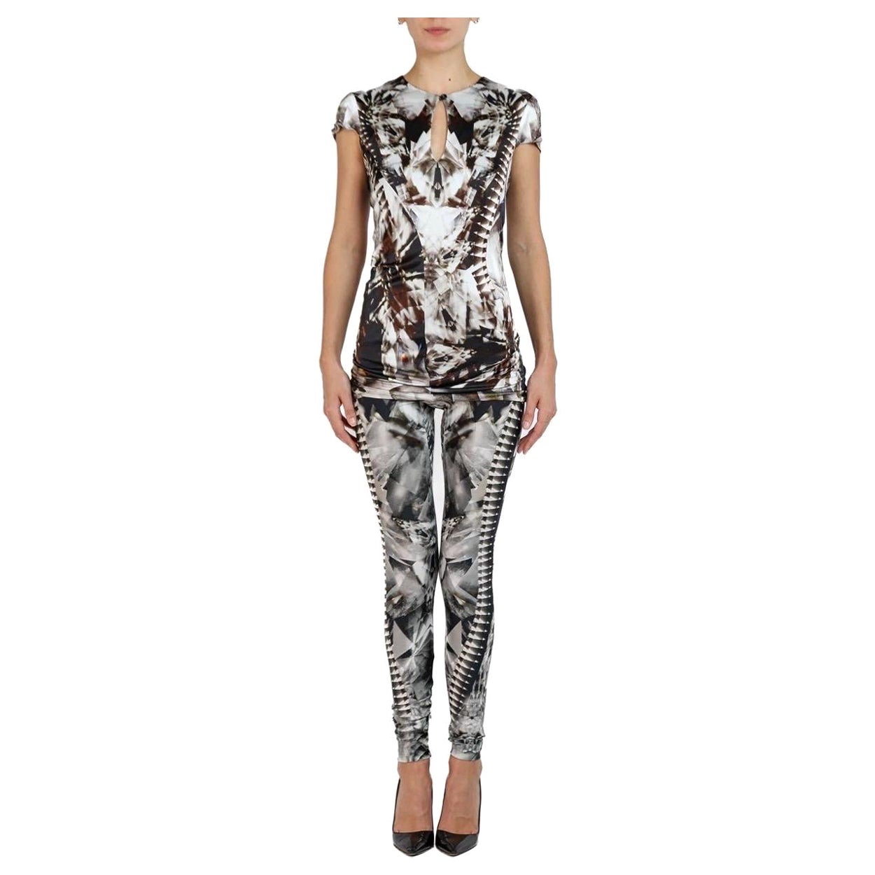 2000S Alexander Mcqueen Black & White Poly/Lycra Leggings And Tunic Top Ensembl For Sale