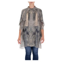 2000S ALEXANDER MCQUEEN Gray & Navy Silk Chiffon Knit Print Blouse