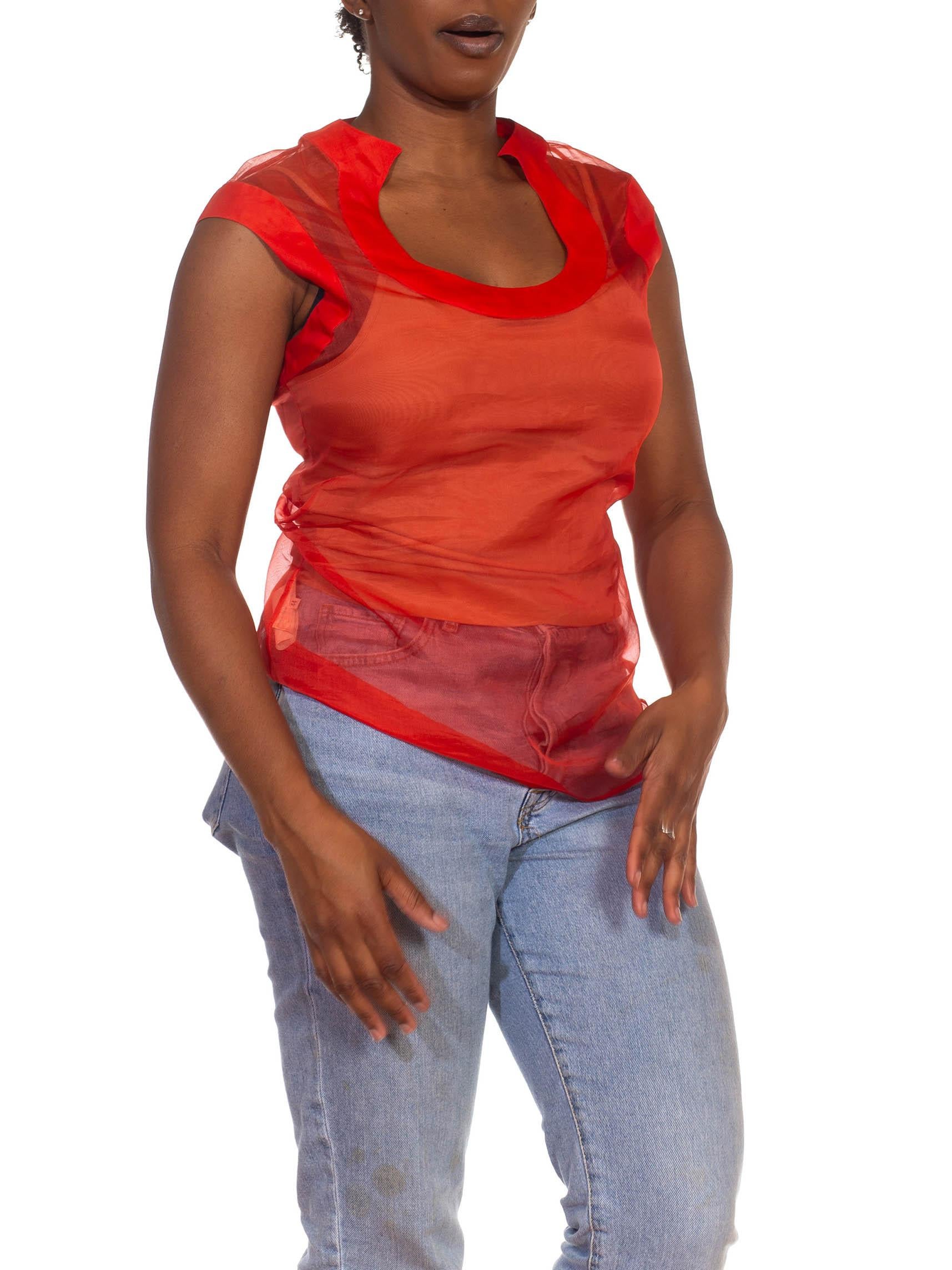 Women's 2000S Alexander Mcqueen Red Silk F/W Sheer & Circular Neckline Blouse