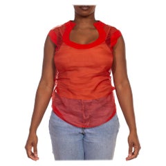 2000S Alexander Mcqueen Red Silk F/W Sheer & Circular Neckline Blouse