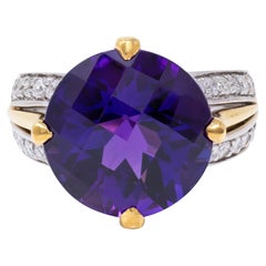 2000's Amethyst Diamond 18 Karat Two-Tone Gold Checkerboard Cocktail Ring