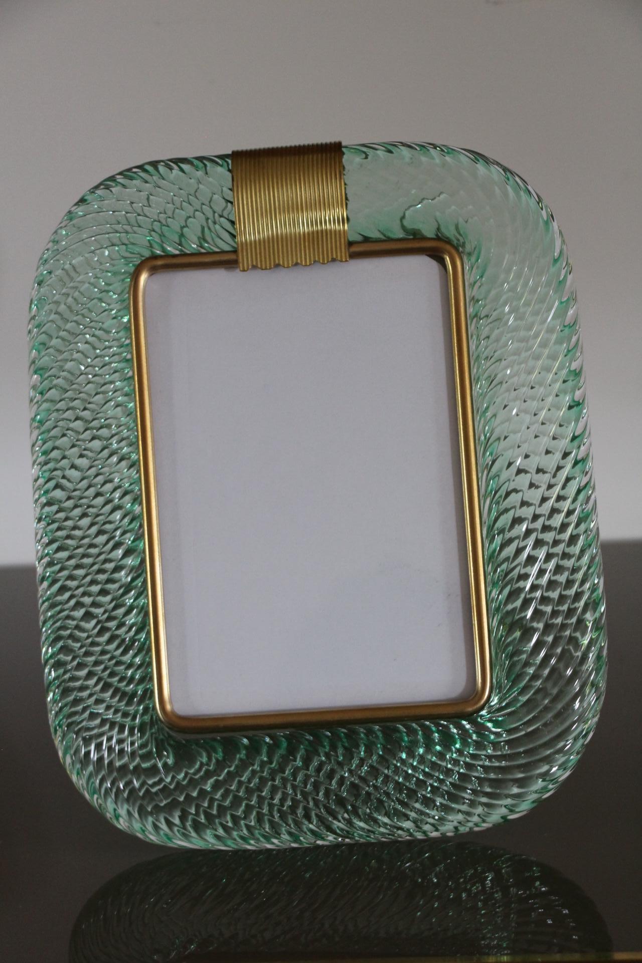 2000's Aquamarine Twisted Murano Glass and Brass Photo Frame by Barovier e Toso In Excellent Condition In Saint-Ouen, FR