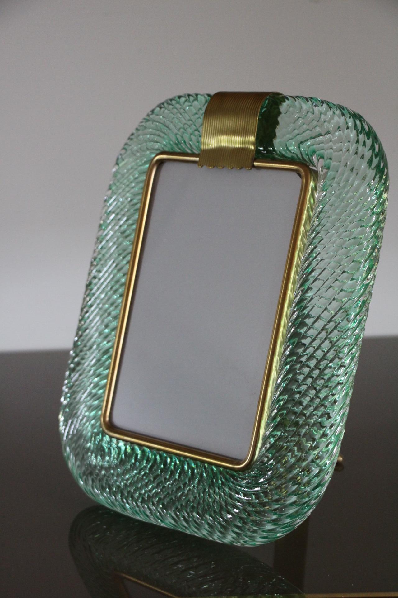 Contemporary 2000's Aquamarine Twisted Murano Glass and Brass Photo Frame by Barovier e Toso