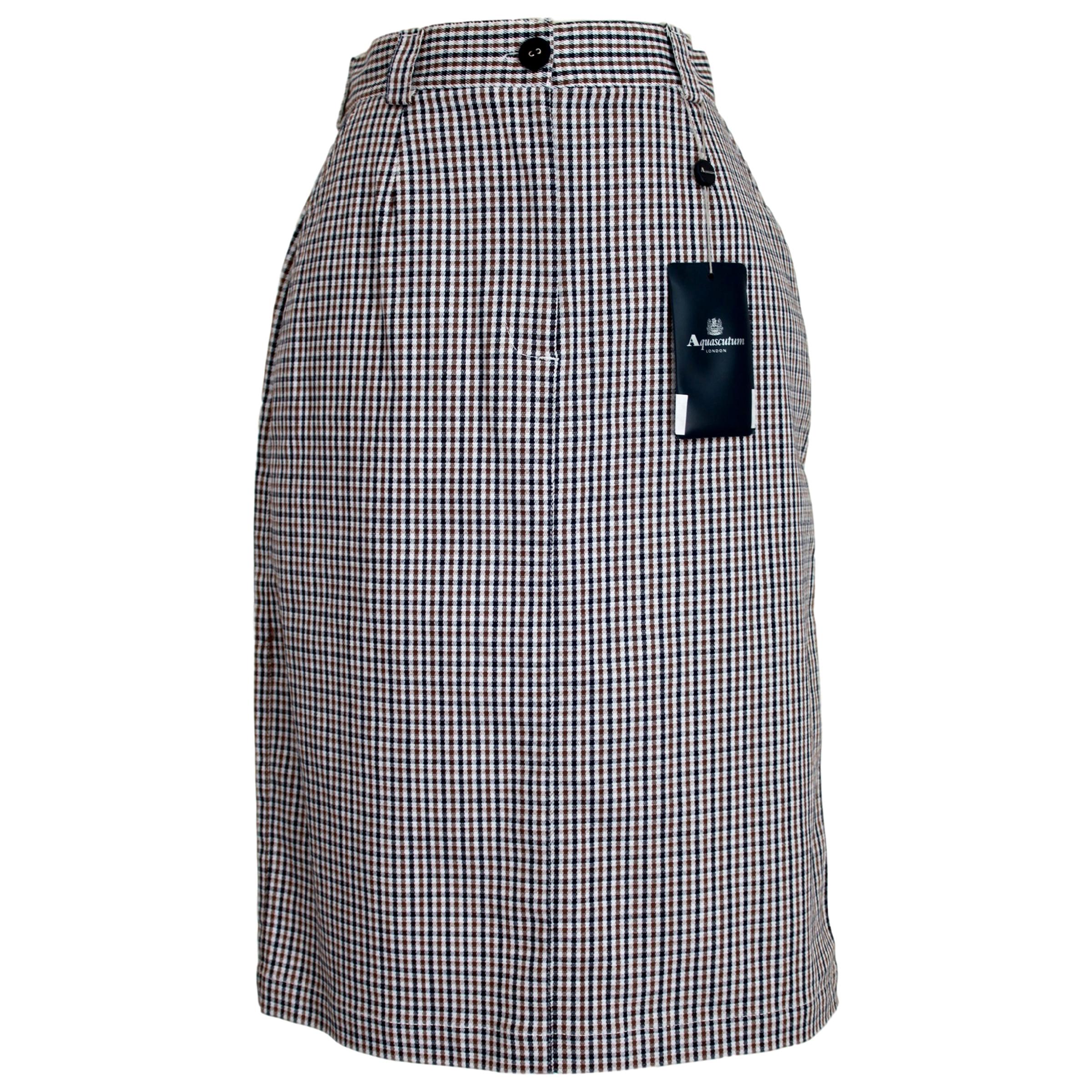 2000s Aquascutum Beige Cotton Blue Checked Long Skirt