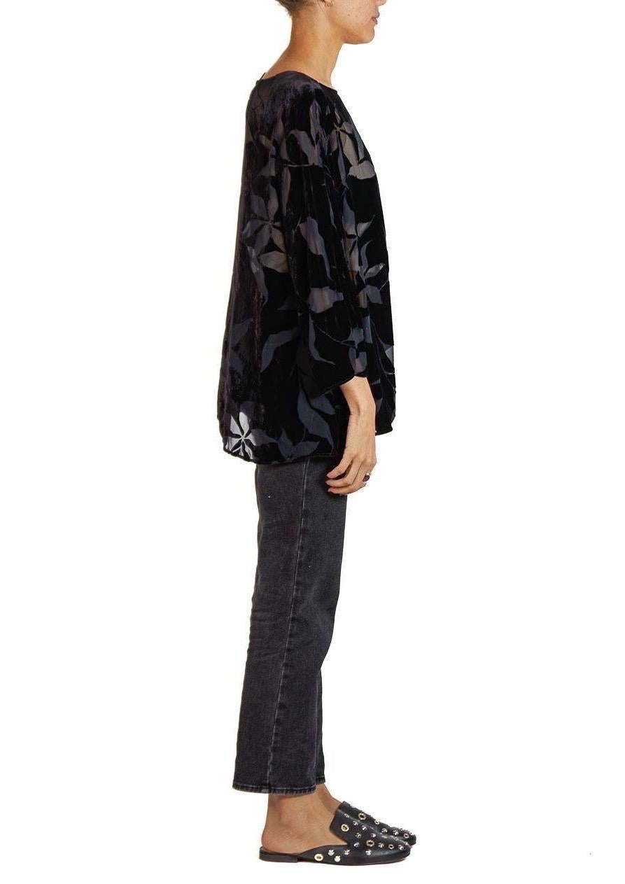 2000S ARMANI Black Rayon & Silk Burnout Velvet Oversized Blouse For Sale 1