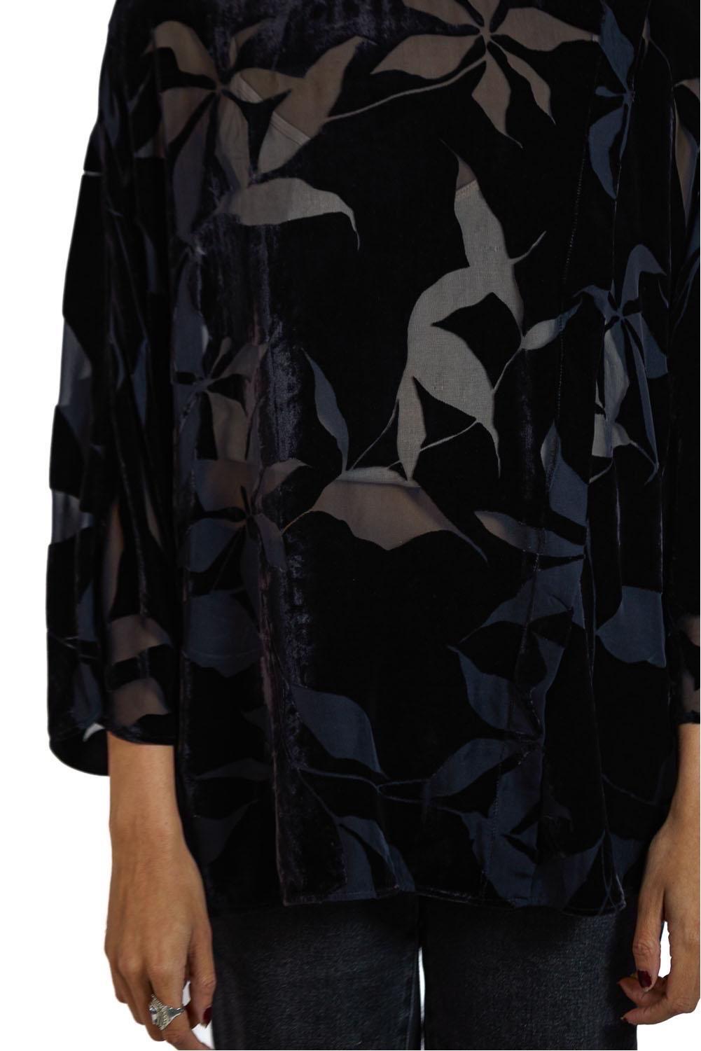 2000S ARMANI Black Rayon & Silk Burnout Velvet Oversized Blouse For Sale 2