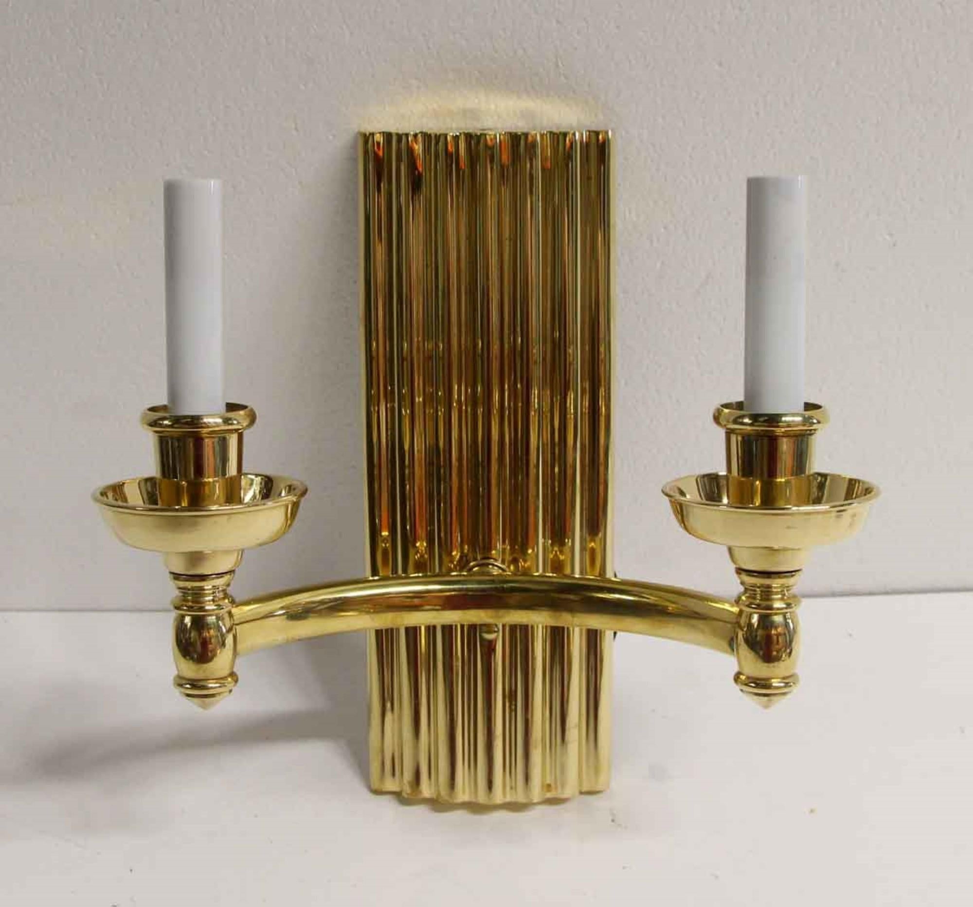 Polished 2000s Art Deco Style Cast Brass Sconce with Ribbed Backplate with Double Arms