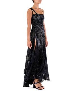 2000S ATELIER VERSACE GIANNI Black Silk Chiffon Crystal Beaded and Metal Mesh