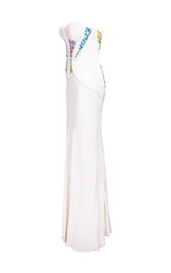 2000's Atelier Versace White Gown with Colorful Floral Embroidery