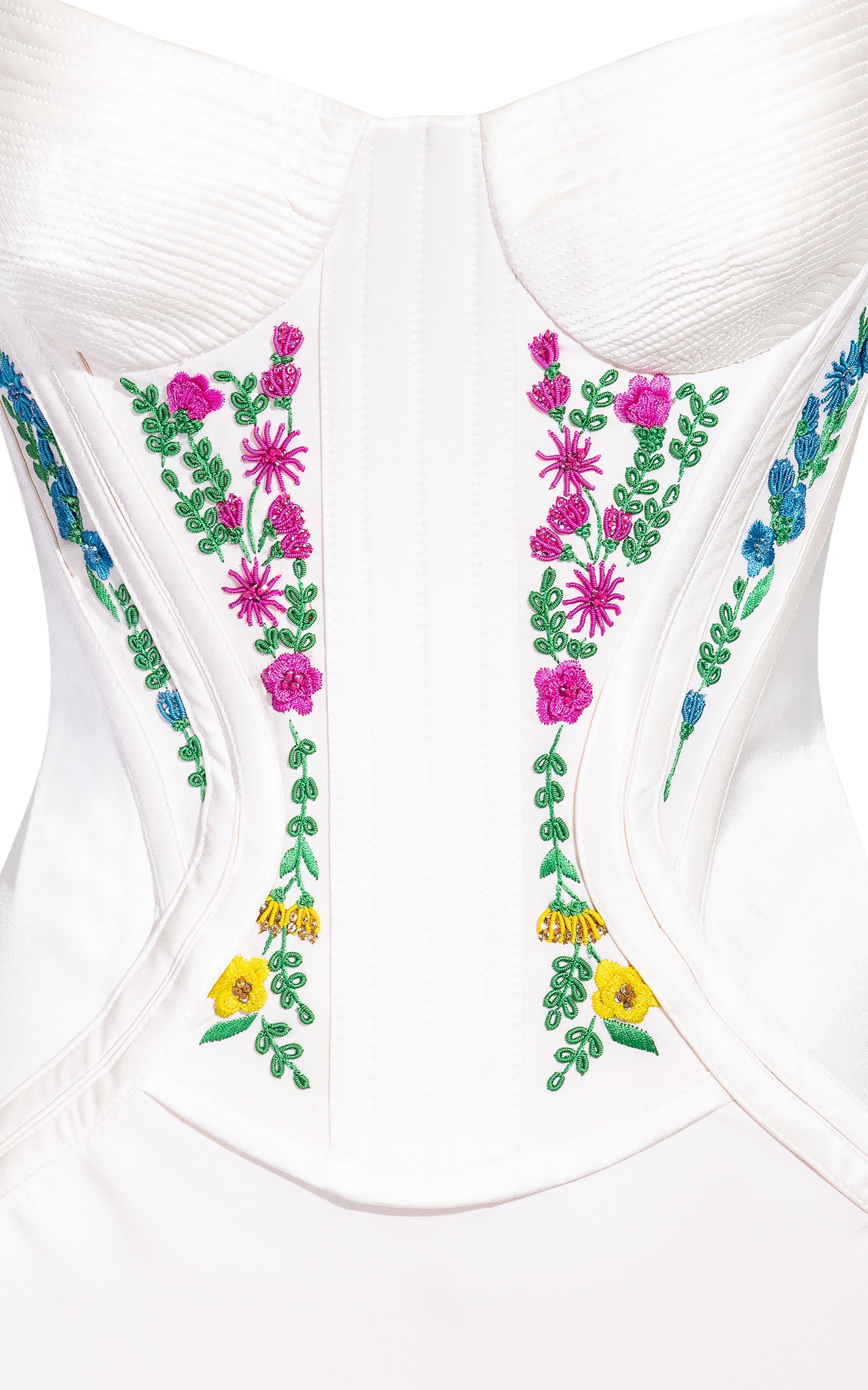 Women's 2000's Atelier Versace White Gown with Colorful Floral Embroidery