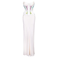 2000's Atelier Versace White Gown with Colorful Floral Embroidery