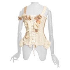 2000's Avant Guard Vintage Cream Knit & Crochet Corsage Corset Cami - Tank Top