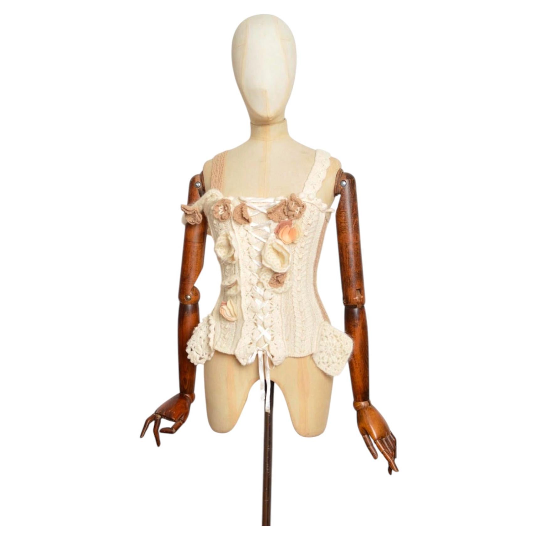 Débardeur-corset vintage « Avant-Garde » des années 2000, en maille et crochet, couleur crème