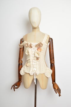 2000's Avant Guard Vintage Cream Knit & Crochet Corsage Corset - Tank Top