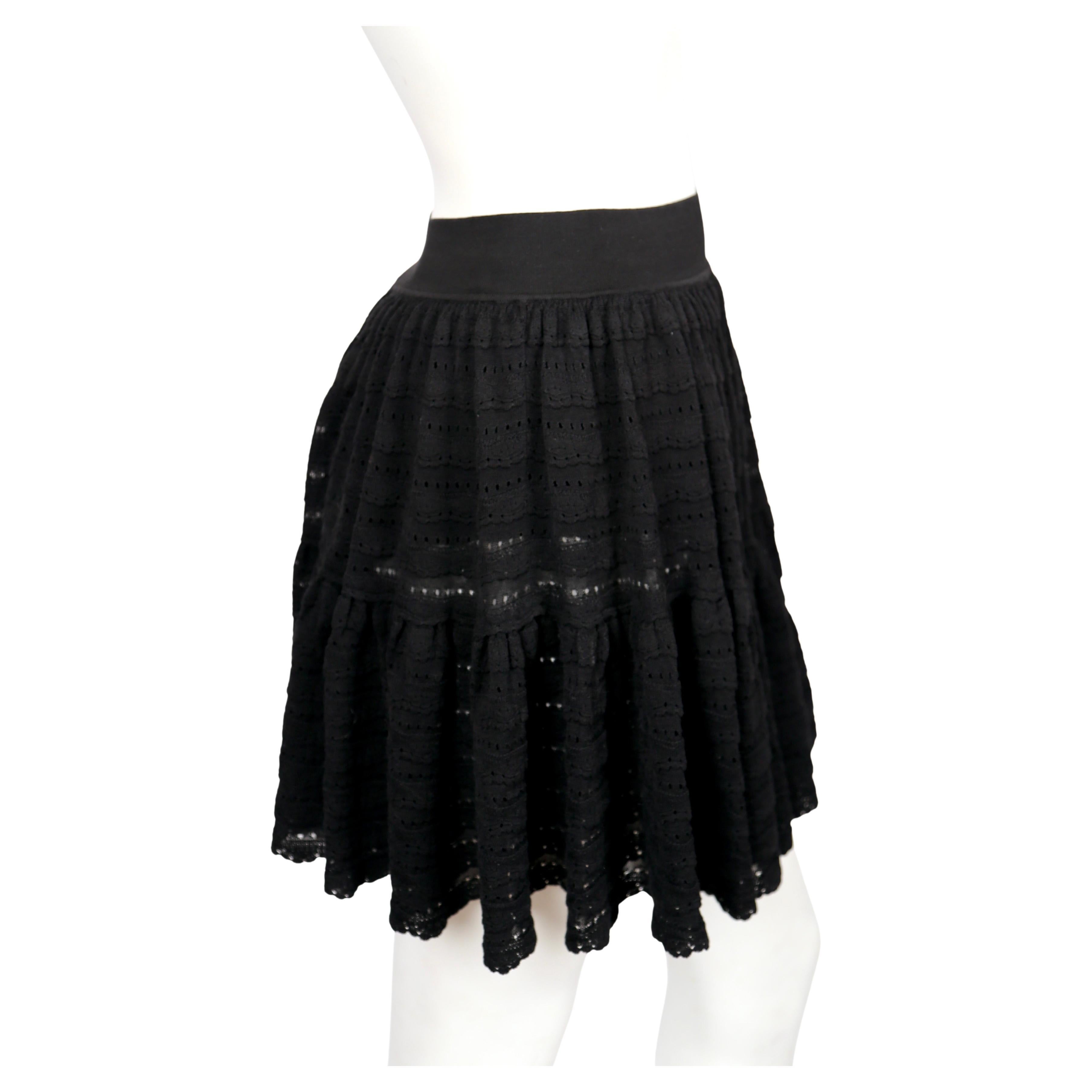 Women's or Men's 2000's AZZEDINE ALAIA black pointelle knit skirt with ruffles & hidden shorts For Sale