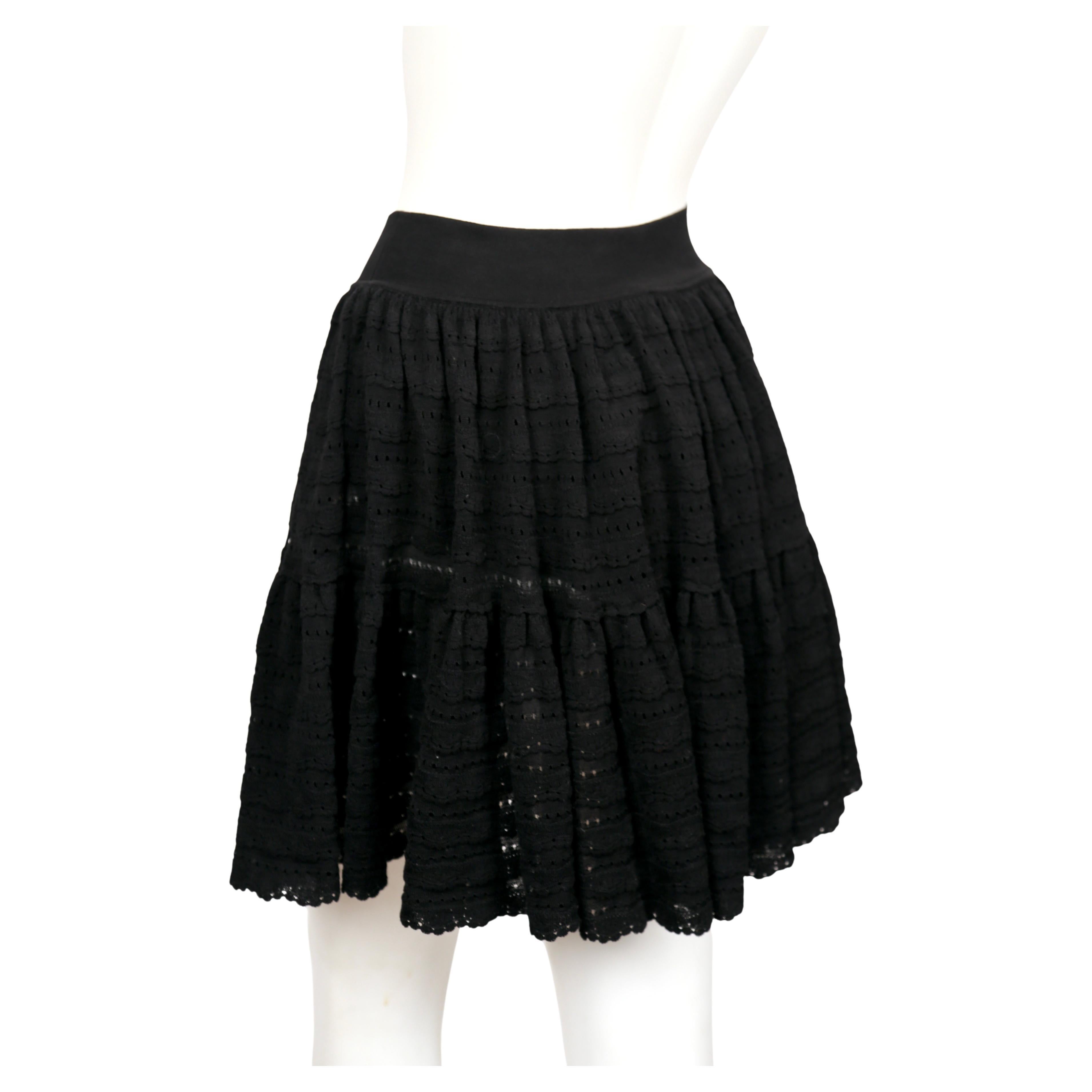 Women's or Men's 2000's AZZEDINE ALAIA black pointelle knit skirt with ruffles & hidden shorts For Sale