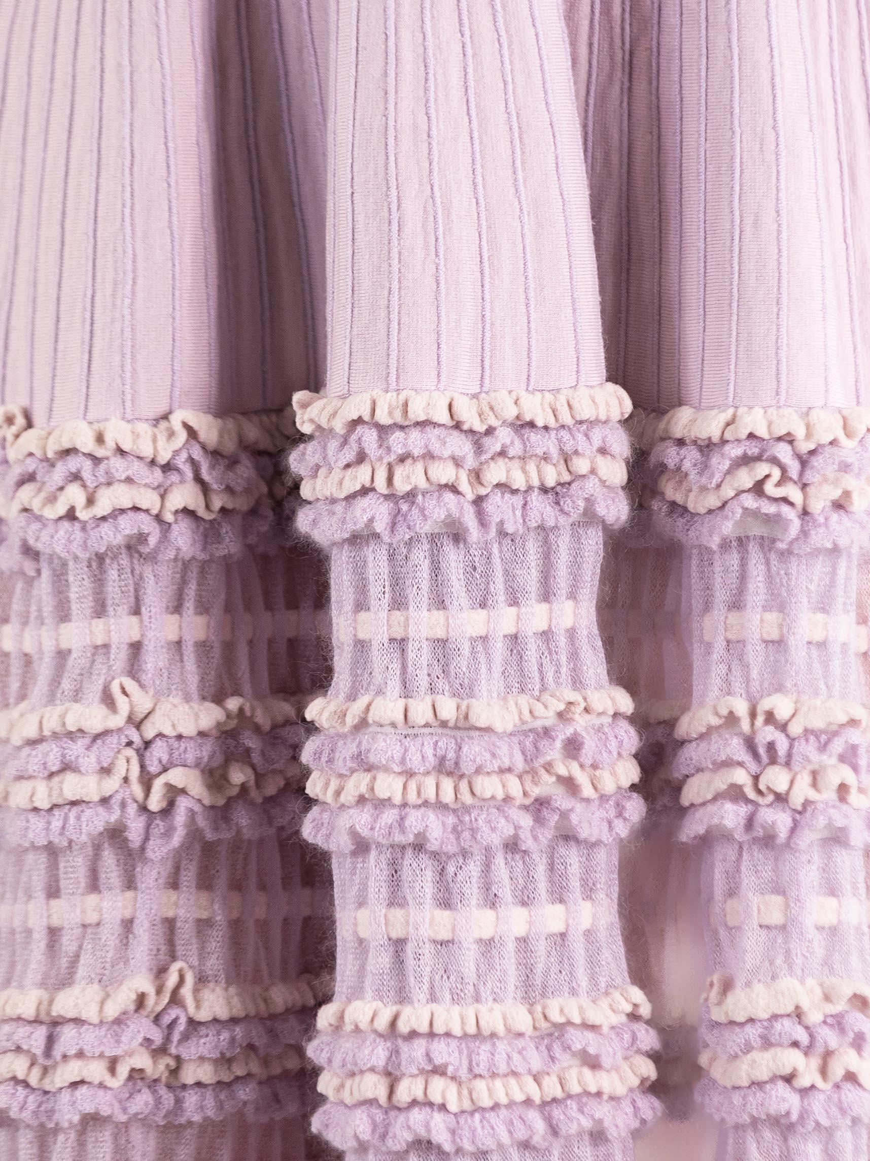 2000S AZZEDINE ALAIA Lilac Wool Blend V Neck A Line  Dress Knit Ruffle Trim For Sale 6