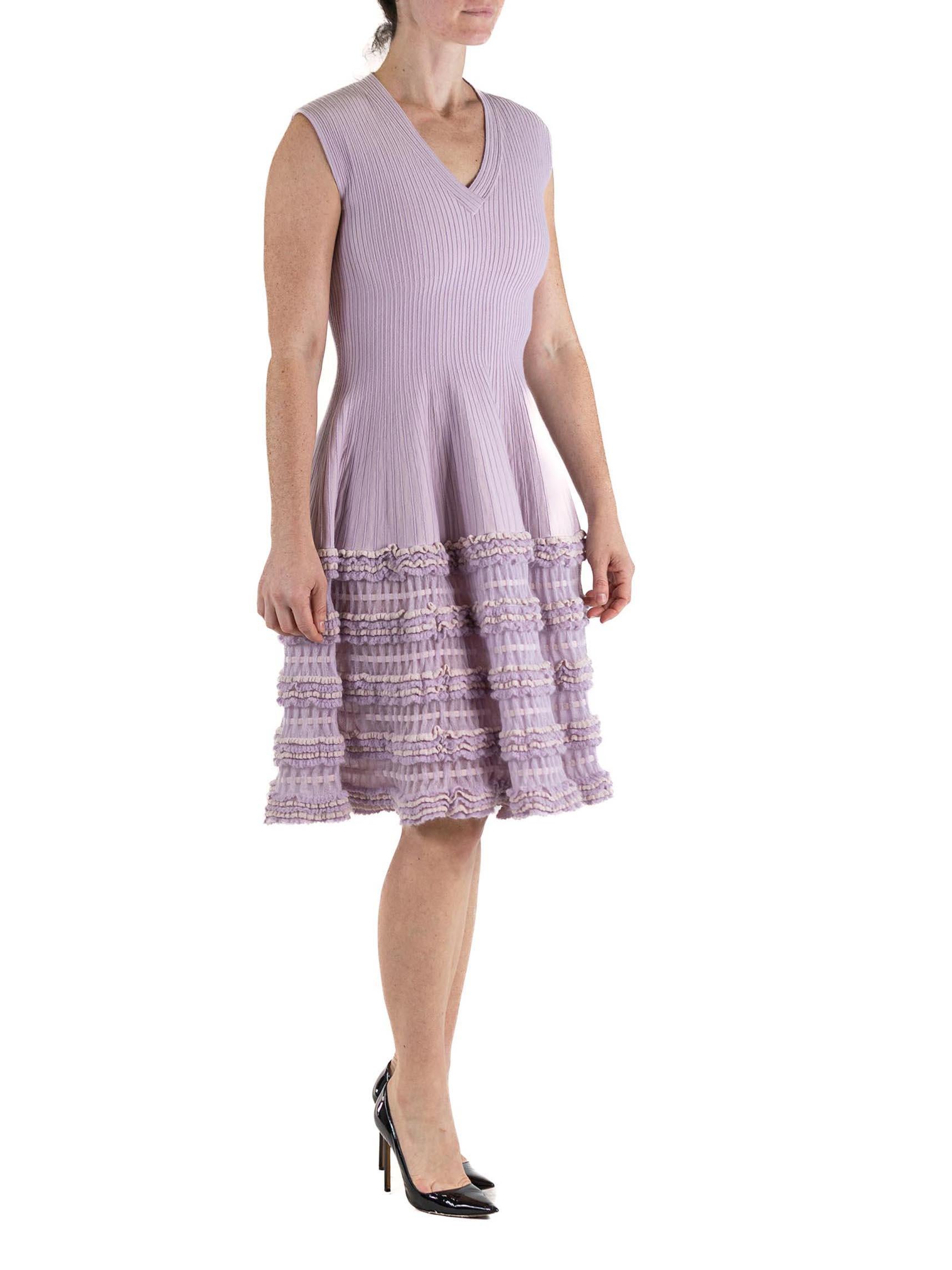 Women's 2000S AZZEDINE ALAIA Lilac Wool Blend V Neck A Line  Dress Knit Ruffle Trim For Sale