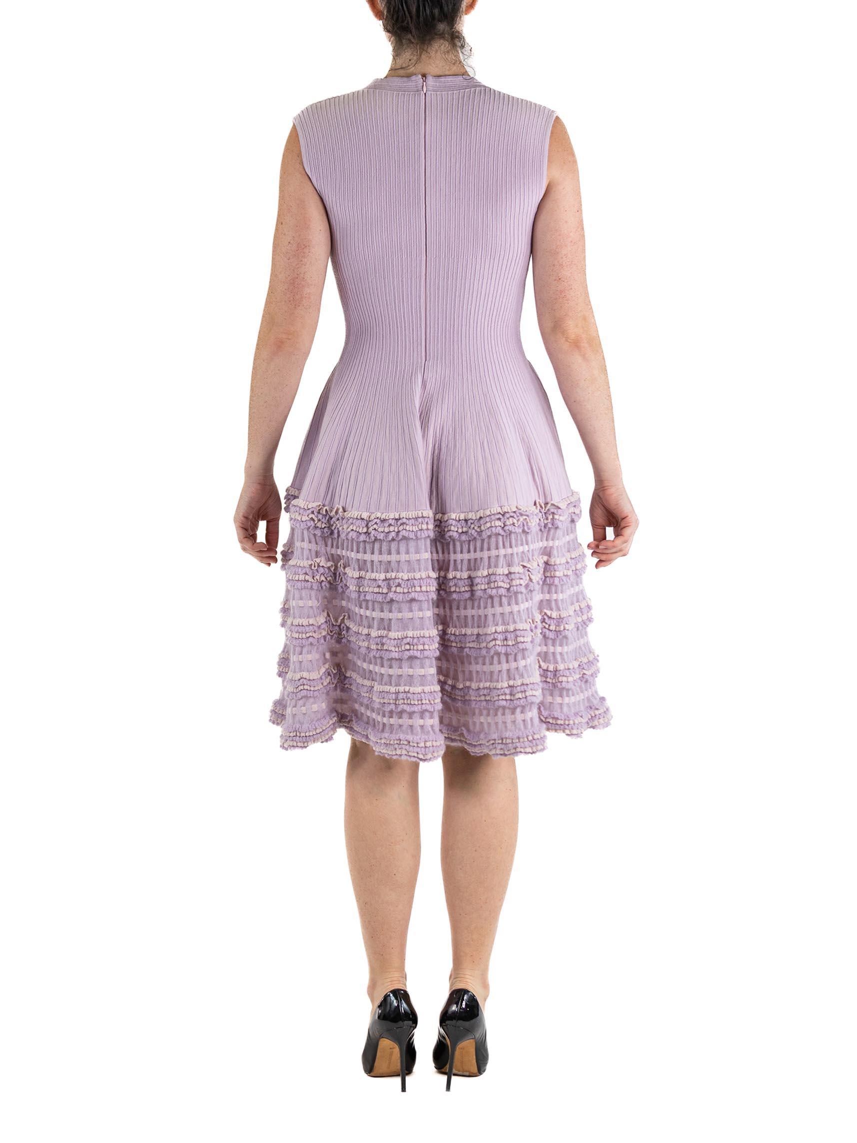 2000S AZZEDINE ALAIA Lilac Wool Blend V Neck A Line  Dress Knit Ruffle Trim For Sale 1
