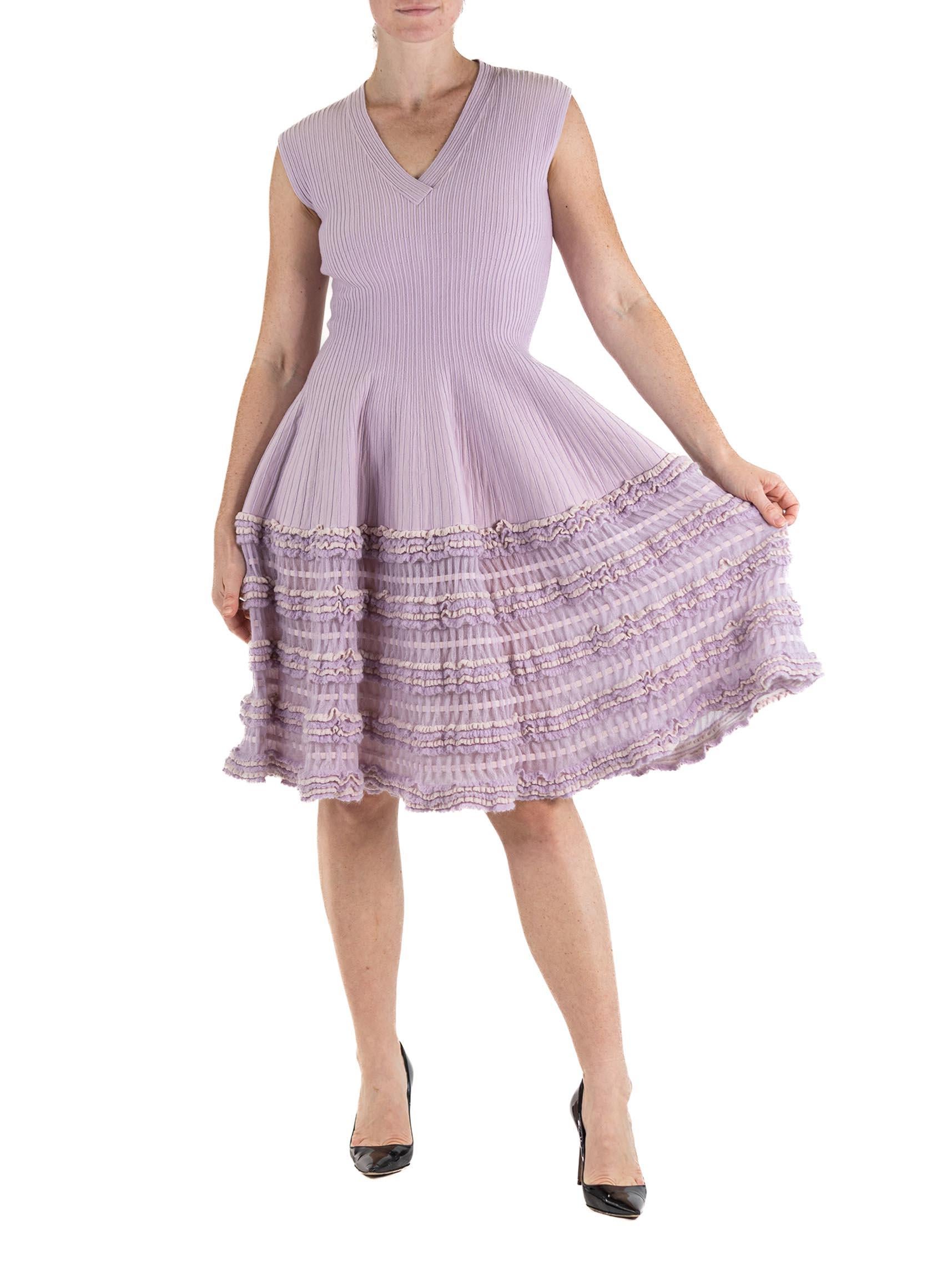 2000S AZZEDINE ALAIA Lilac Wool Blend V Neck A Line  Dress Knit Ruffle Trim For Sale 3