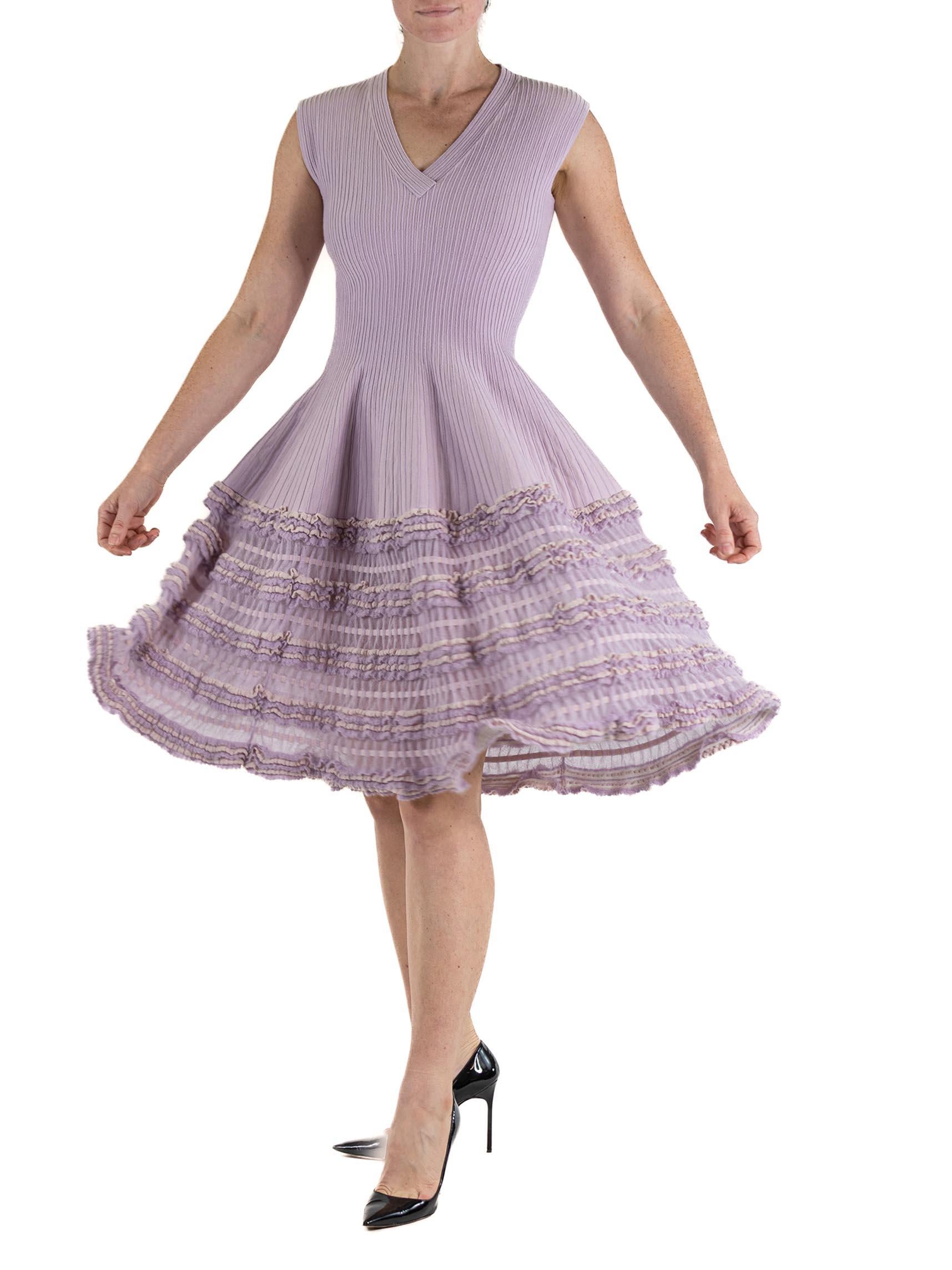 2000S AZZEDINE ALAIA Lilac Wool Blend V Neck A Line  Dress Knit Ruffle Trim For Sale 4
