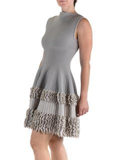 2000S AZZEDINE ALAIA Oyster Grey Wool Blend A Line  Dress With Knit Bottom Deta