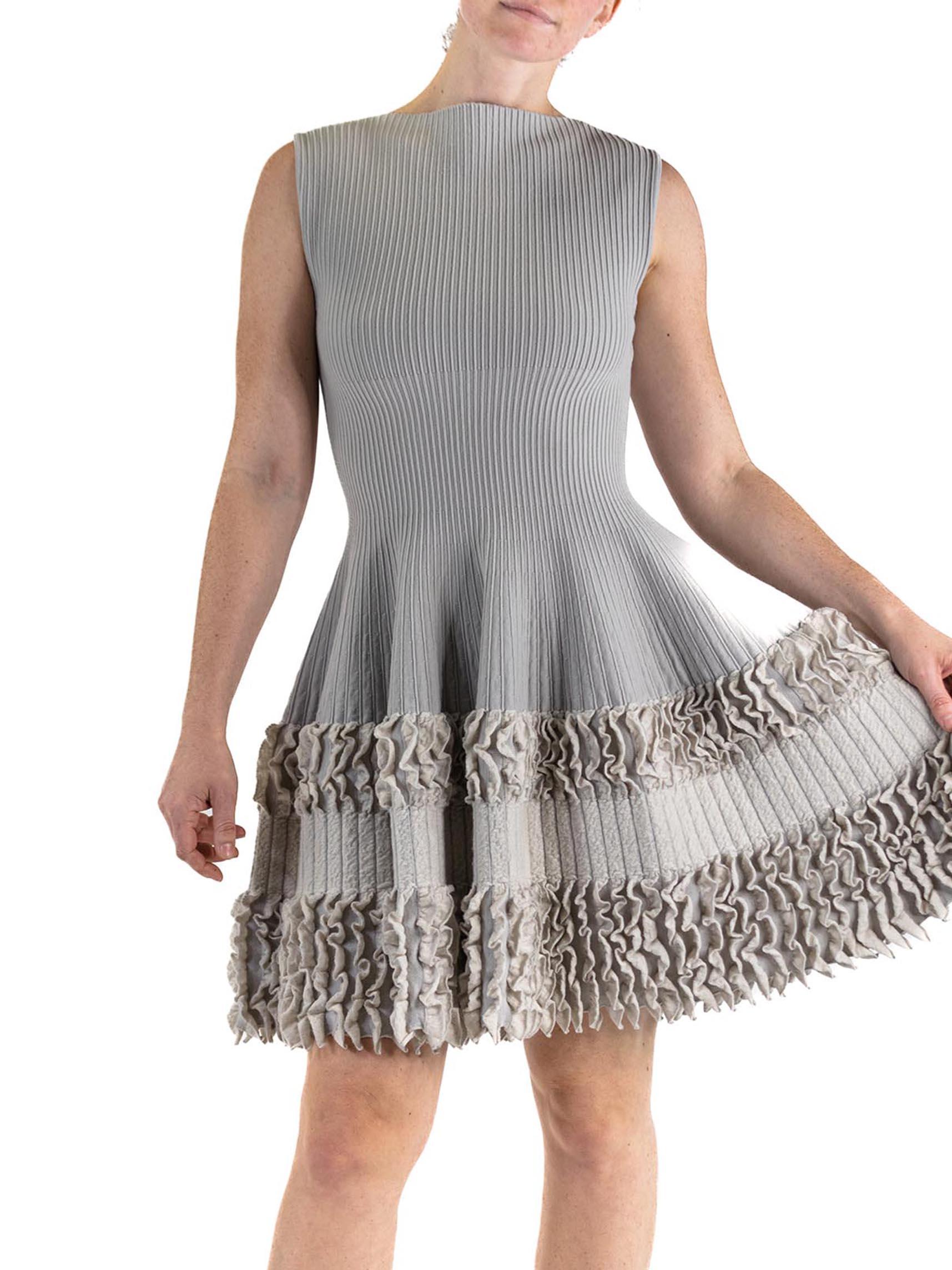 2000S AZZEDINE ALAIA Oyster Grey Wool Blend A Line  Dress With Knit Bottom Deta For Sale 1