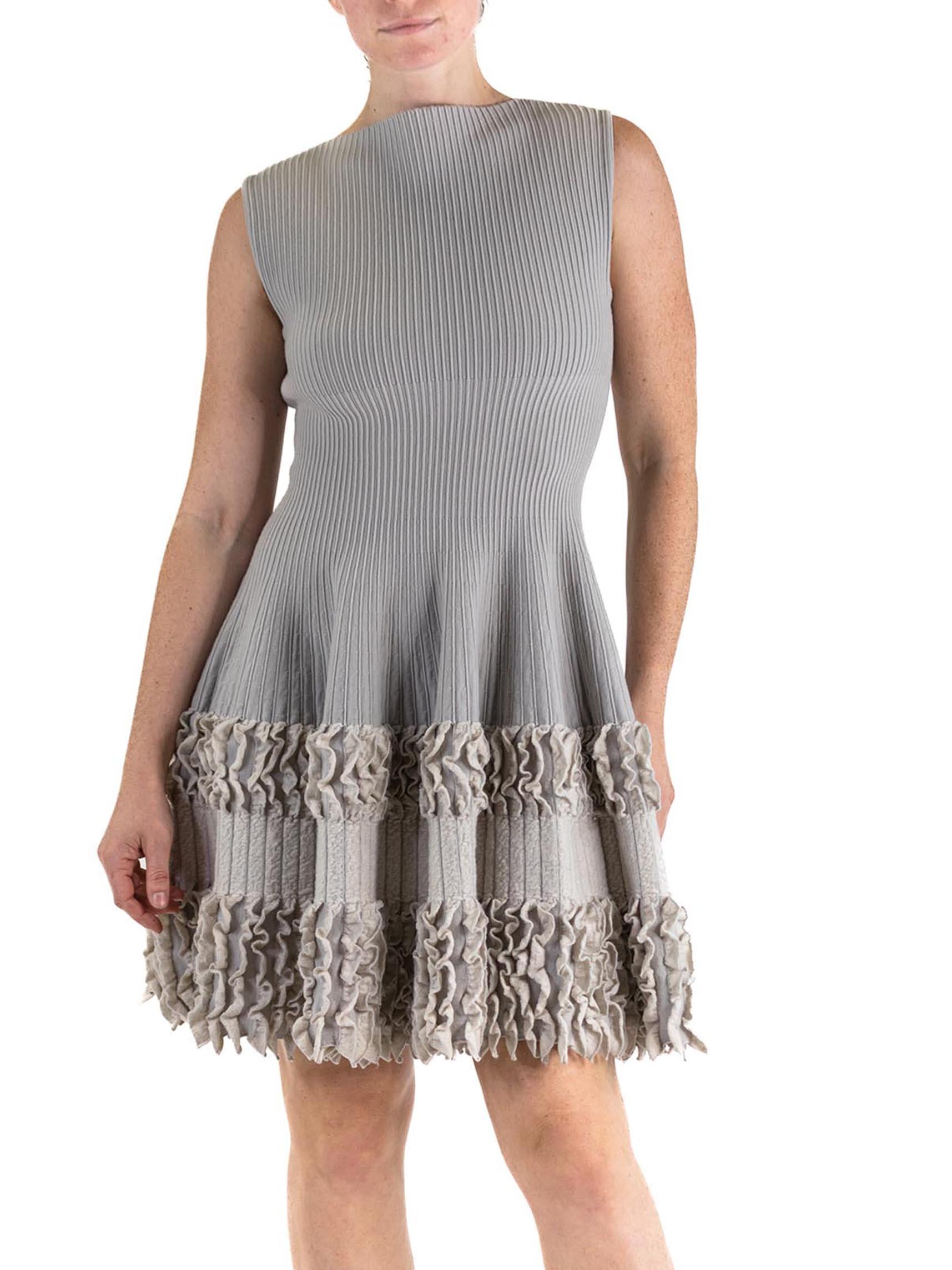 2000S AZZEDINE ALAIA Oyster Grey Wool Blend A Line  Dress With Knit Bottom Deta For Sale 3