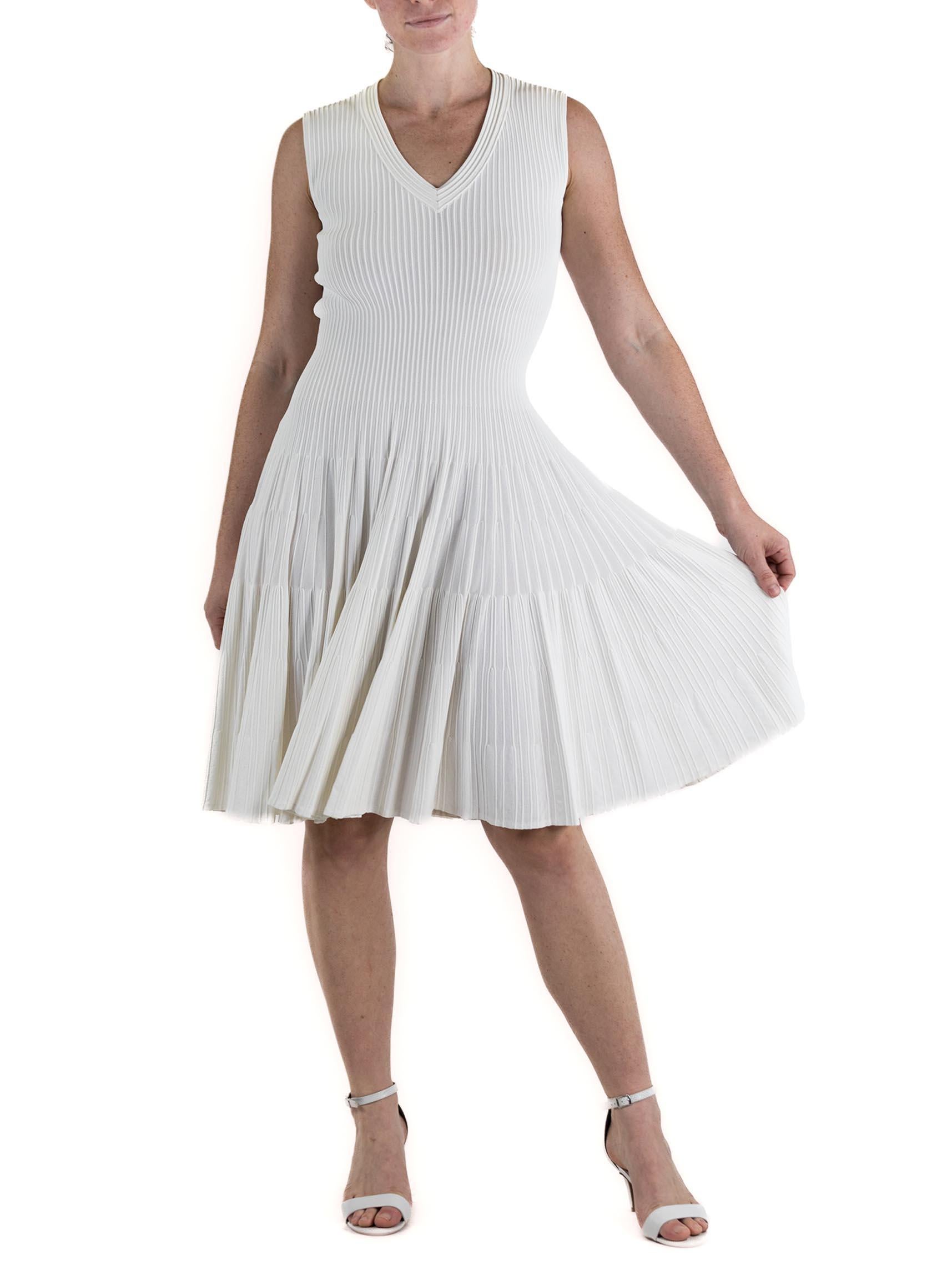 2000S AZZEDINE ALAIA White Rayon Blend V Neck Ribbed Dress For Sale 1