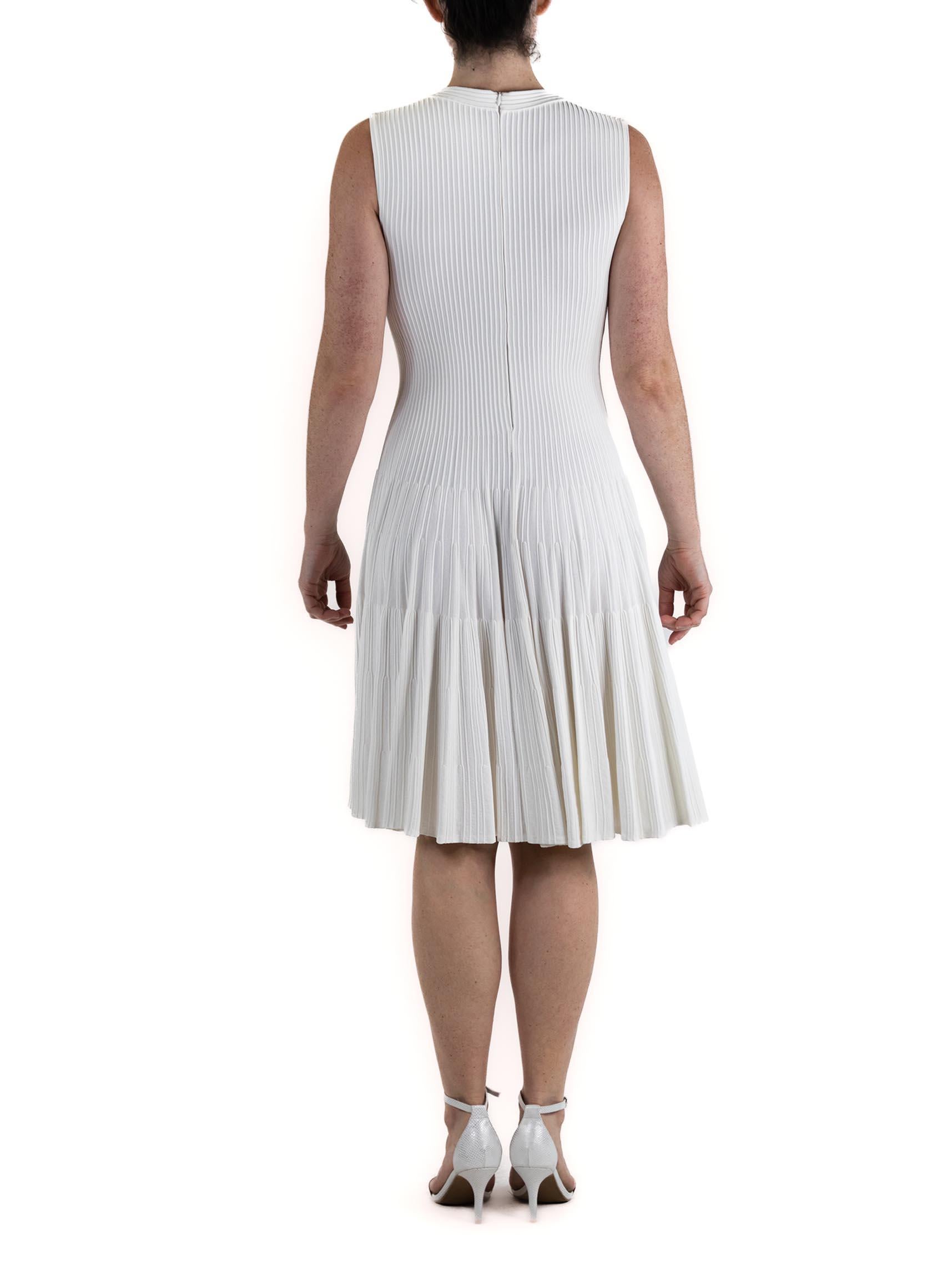 2000S AZZEDINE ALAIA White Rayon Blend V Neck Ribbed Dress For Sale 3
