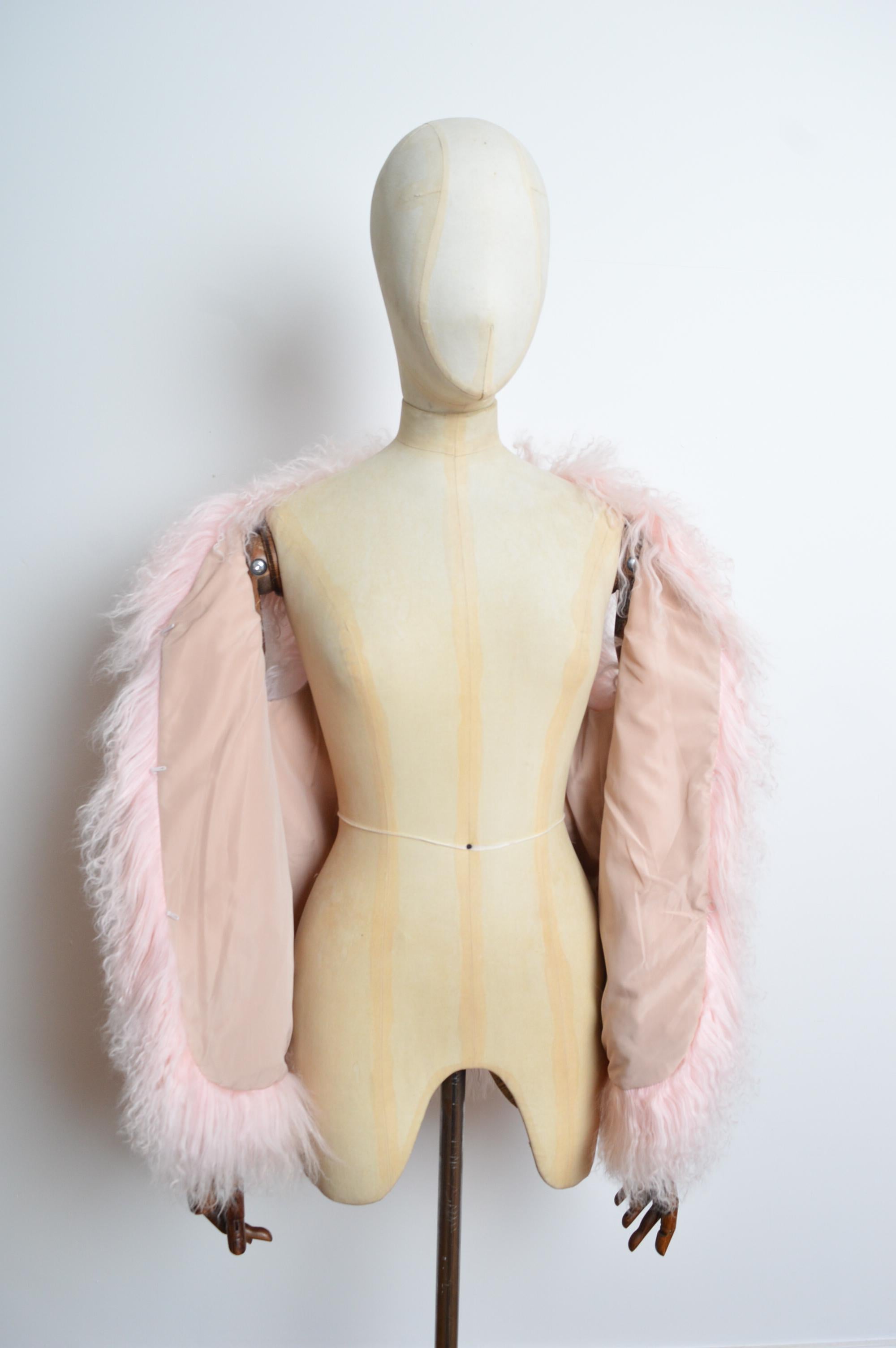 2000's Baby Pink Mongolian Lamb Fuzzy Shaggy Sheepskin Vest Gilet - Jacket For Sale 5