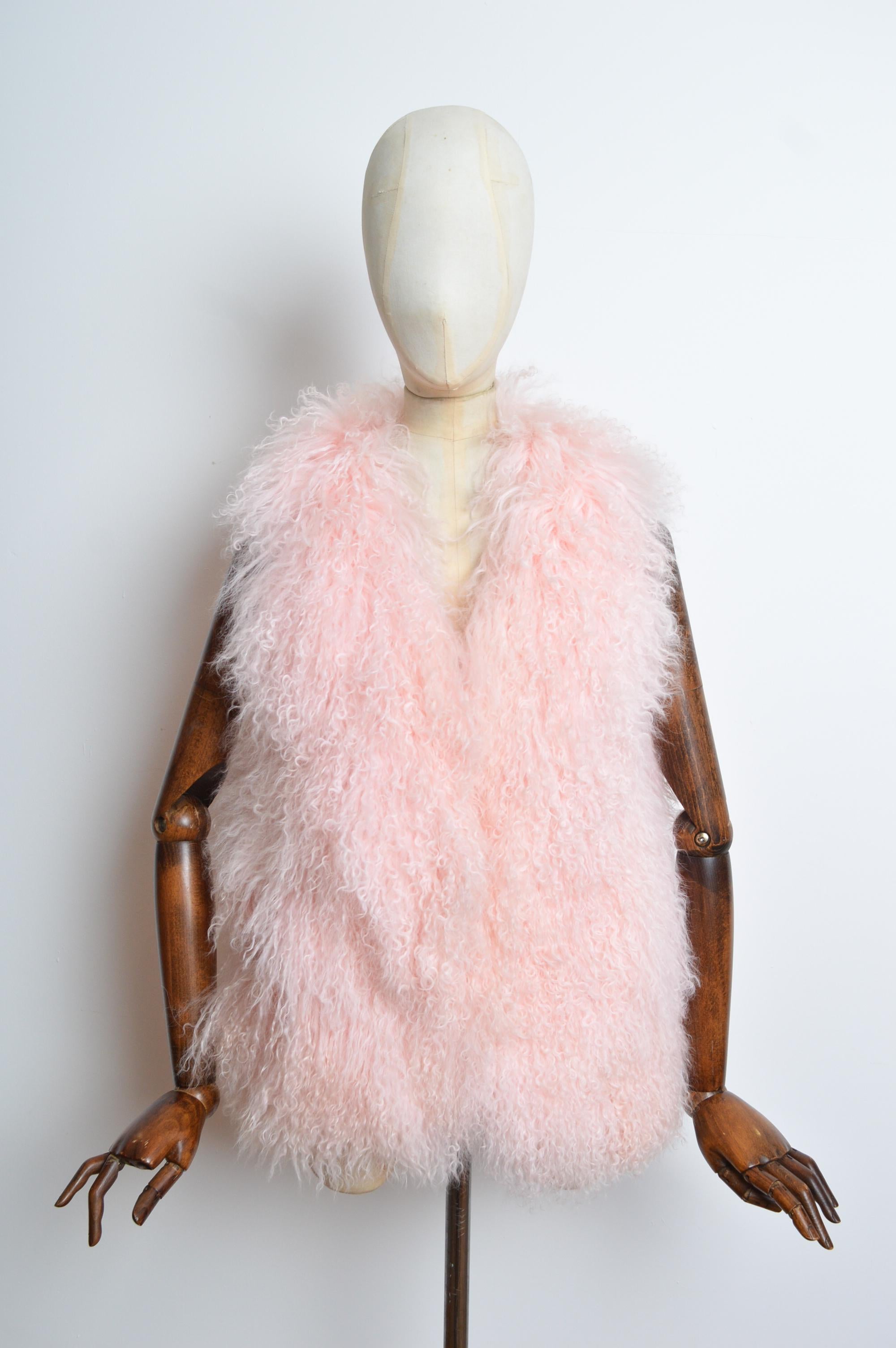 2000's Baby Pink Mongolian Lamb Fuzzy Shaggy Sheepskin Vest Gilet - Jacket For Sale 6