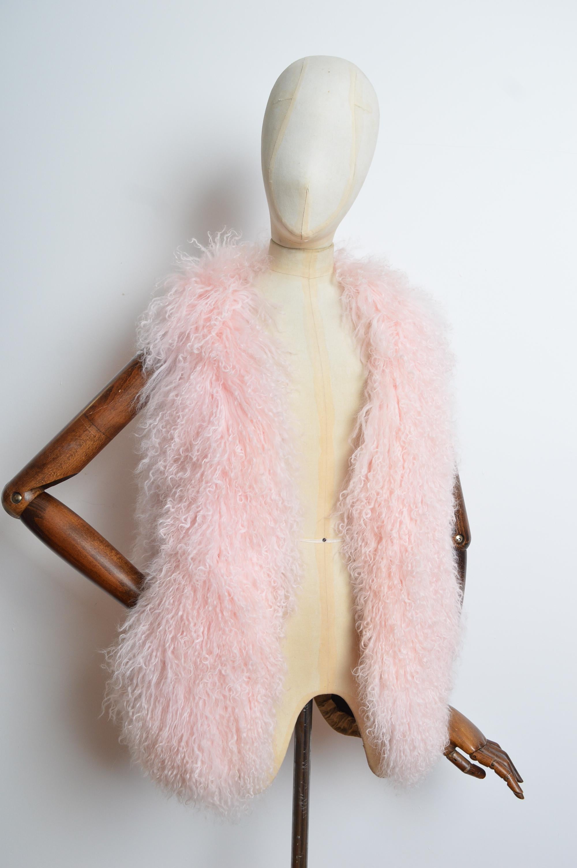 2000's Baby Pink Mongolian Lamb Fuzzy Shaggy Sheepskin Vest Gilet - Jacket In Good Condition For Sale In Sheffield, GB