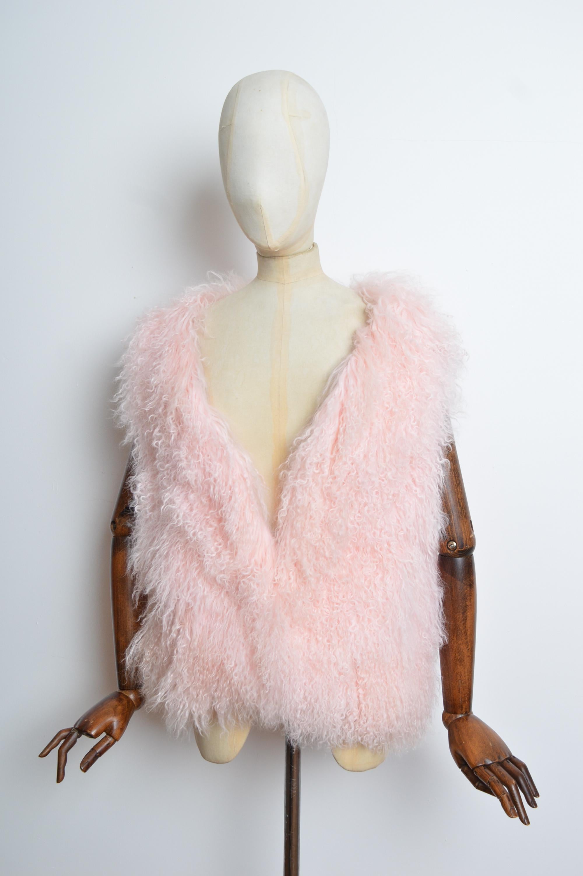 2000's Baby Pink Mongolian Lamb Fuzzy Shaggy Sheepskin Vest Gilet - Jacket For Sale 2