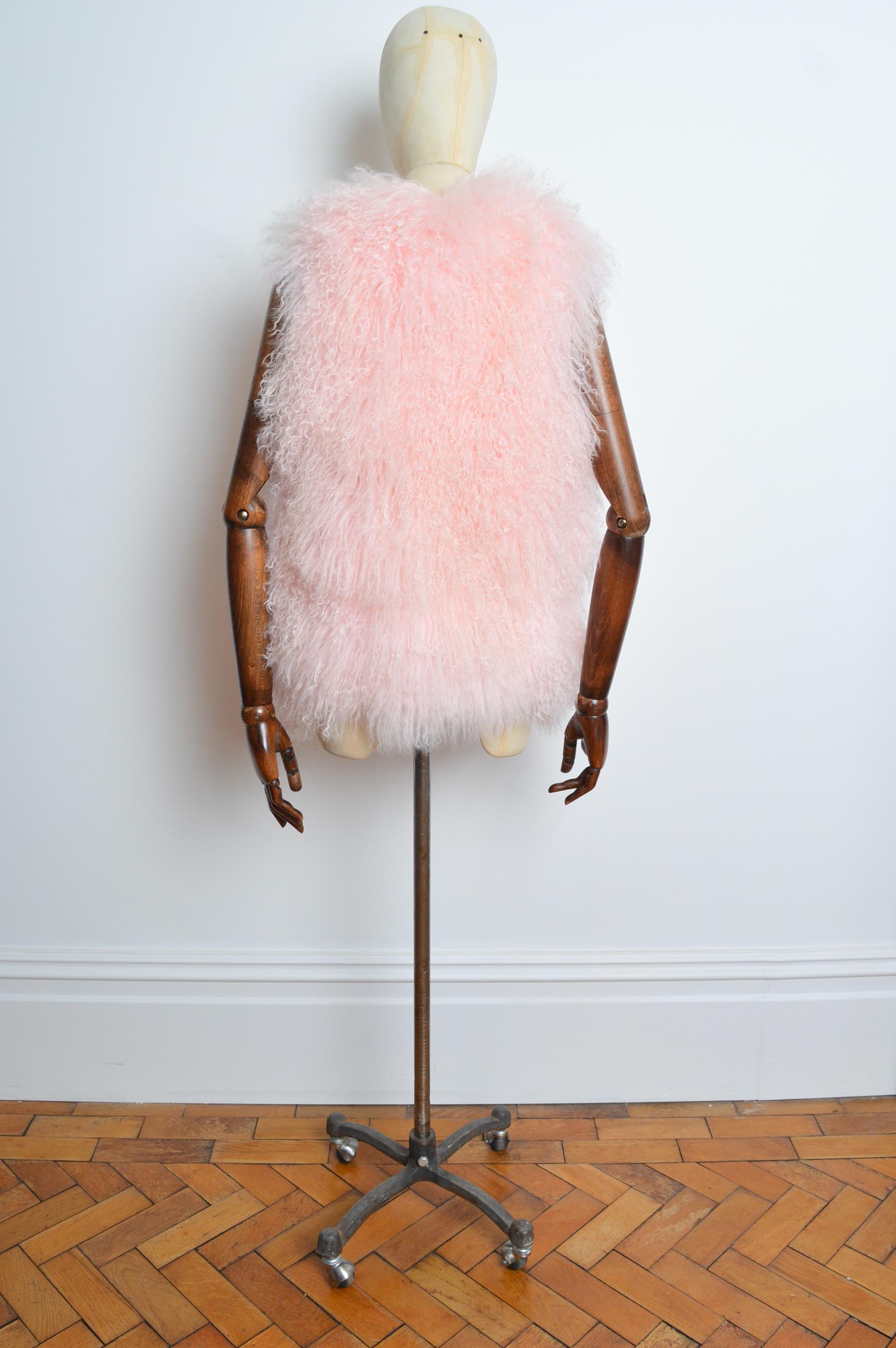 2000's Baby Pink Mongolian Lamb Fuzzy Shaggy Sheepskin Vest Gilet - Jacket For Sale 3