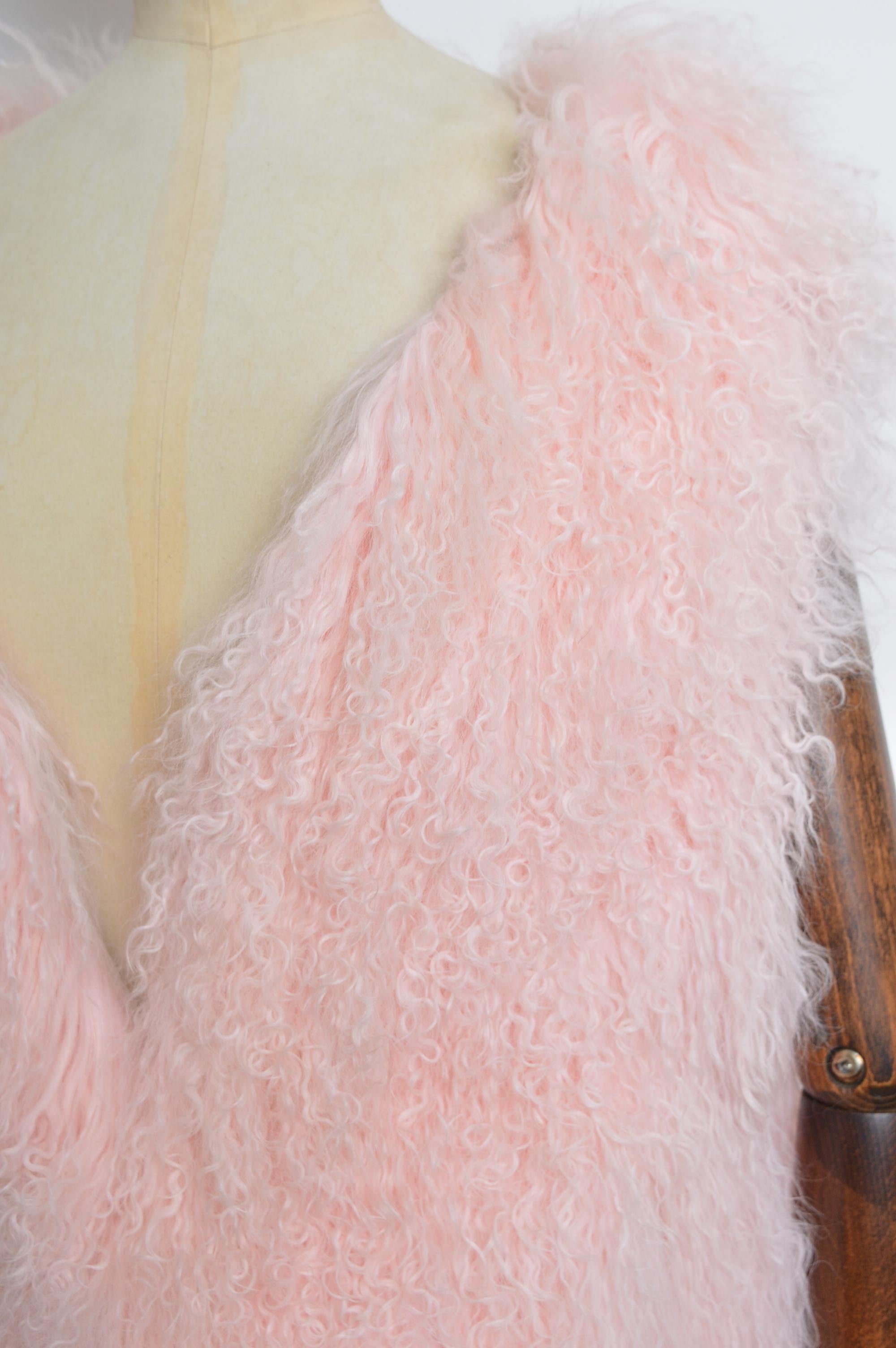 2000's Baby Pink Mongolian Lamb Fuzzy Shaggy Sheepskin Vest Gilet - Jacket For Sale 4