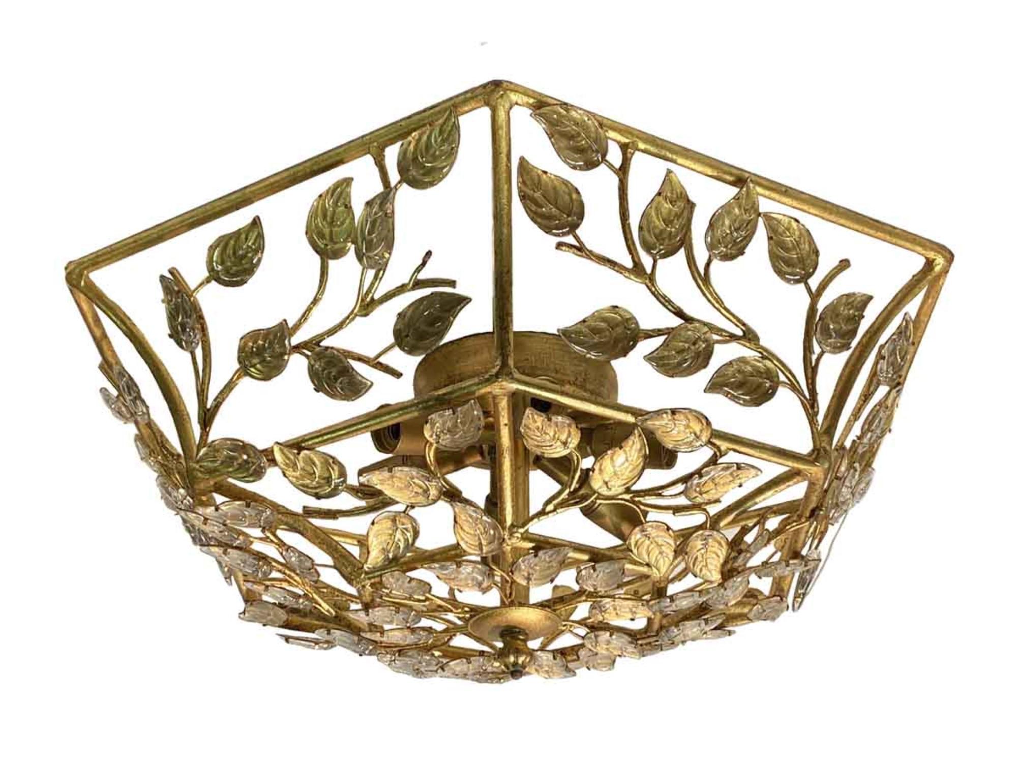2000s Baguès style wrought iron flush mount light with floral branches, crystal leaves and a gilded finish. Price includes restoration. Small quantity available at time of posting. Priced each. This can be viewed at our Scranton, Pennsylvania
