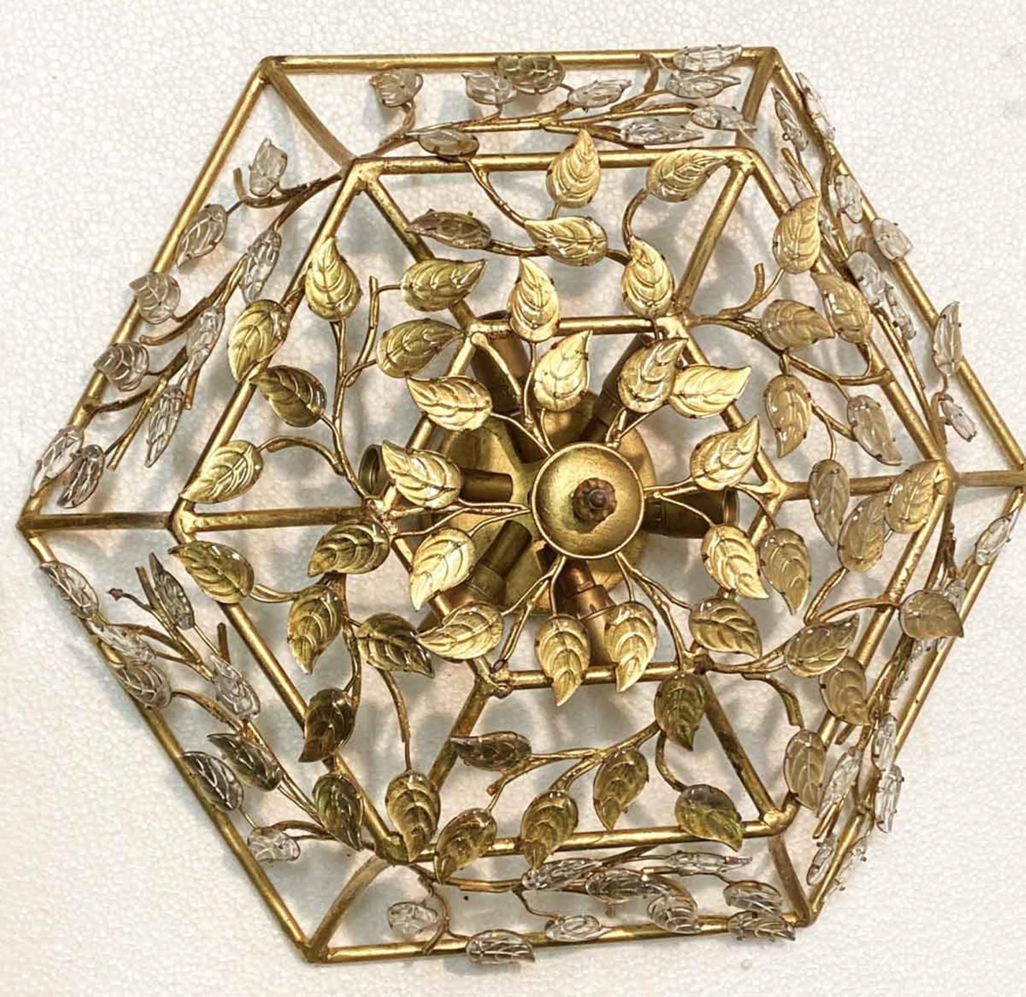 Contemporary 2000s Baguès Style Gilded Floral Wrought Iron and Crystal Flush Mount Light