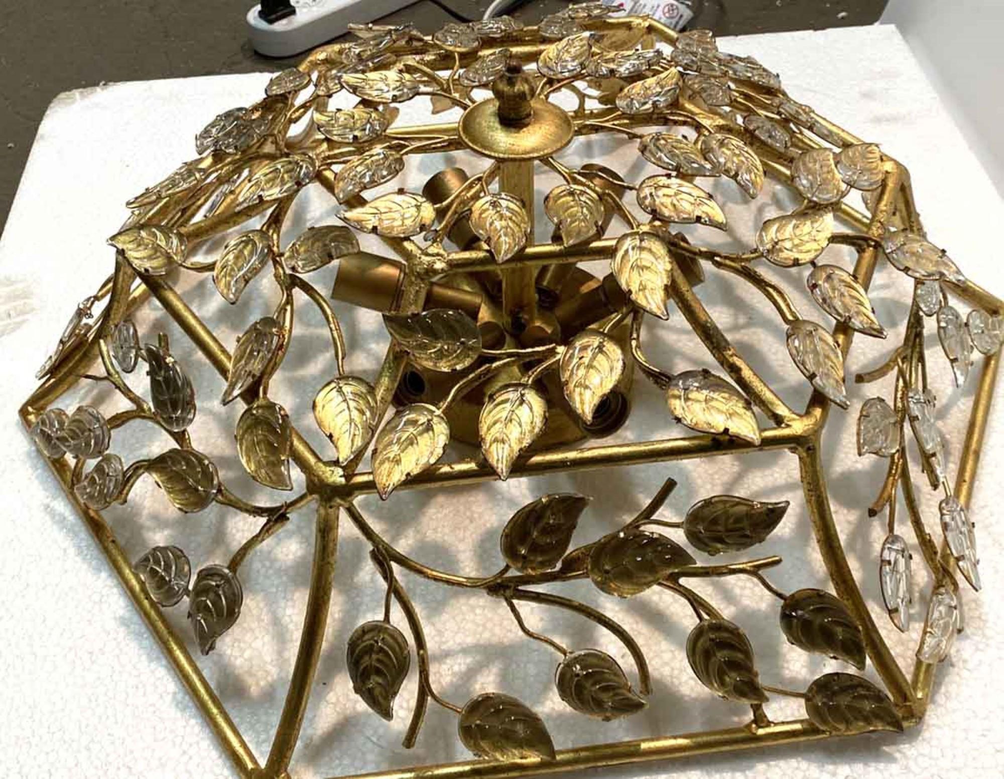 2000s Baguès Style Gilded Floral Wrought Iron and Crystal Flush Mount Light 2