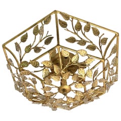 2000s Baguès Style Gilded Floral Wrought Iron and Crystal Flush Mount Light